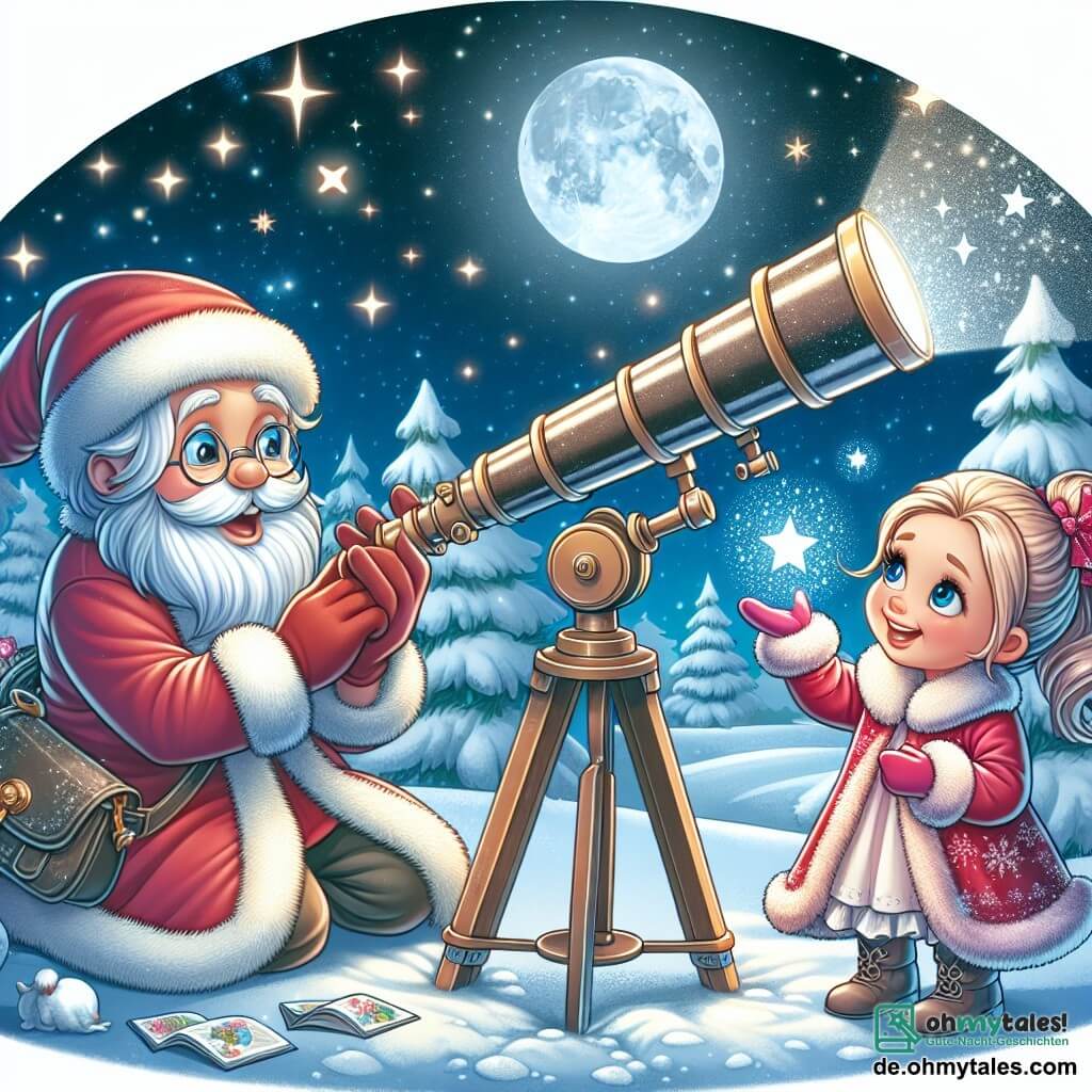 Une illustration destinée aux enfants représentant une jeune fille émerveillée par un magique Fernrohr, accompagnée du Weihnachtsmann, un homme jovial vêtu de rouge et blanc, dans un paysage enneigé du Nordpol, illuminé par des étoiles scintillantes.