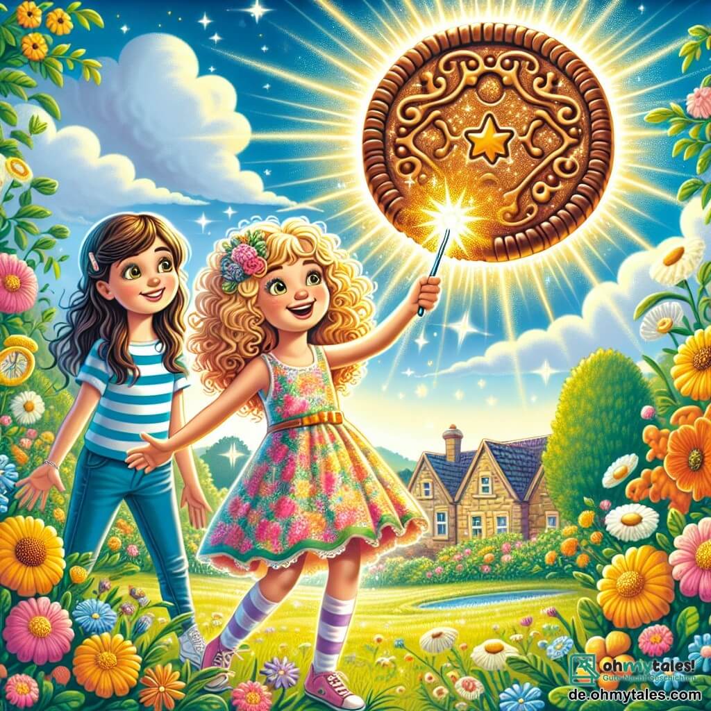 Une illustration sous forme de dessin destinée aux enfants représentant un jardin coloré dans un village ensoleillé, où une fille de 11 ans aux cheveux bouclés et blonds, portant une robe à fleurs, brandit un scintillant bâton magique avec un grand sourire, tandis qu'à ses côtés, une autre fille aux cheveux bruns et lisses, vêtue d'un t-shirt rayé, regarde avec une expression à la fois émerveillée et inquiète, alors qu'elles se préparent à faire voler un énorme biscuit en chocolat qui scintille de magie, entourées de fleurs éclatantes et d'un ciel bleu parsemé de nuages moelleux.