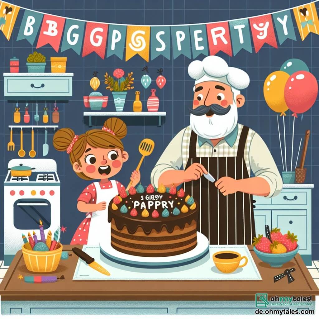 Une illustration destinée aux enfants représentant une petite fille pleine d'enthousiasme préparant une grande fête surprise pour son papa, avec l'aide précieuse de sa maman, dans une cuisine colorée remplie de ballons, guirlandes et un délicieux gâteau au chocolat qui embaume la pièce.
