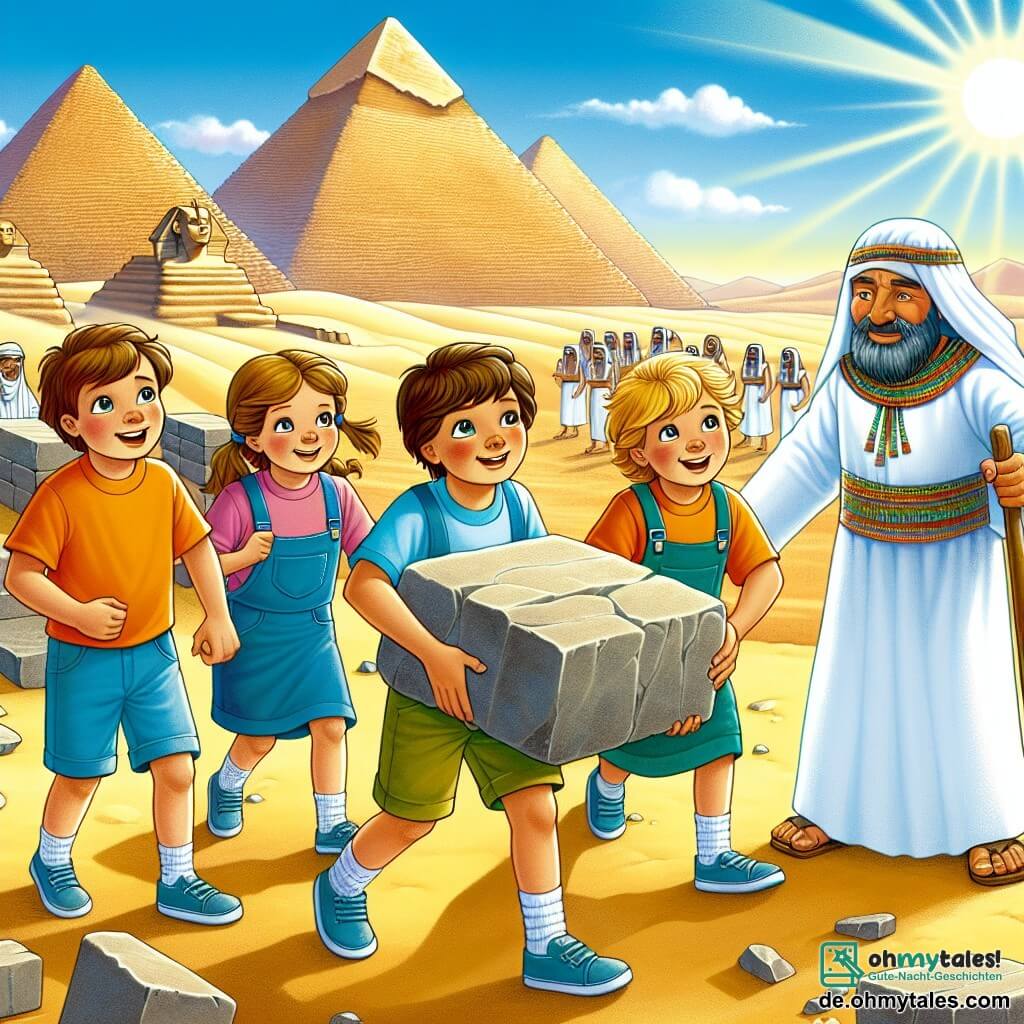 Une illustration sous forme de dessin destinée aux enfants représentant une scène ensoleillée dans le désert de l'Égypte ancienne, avec un groupe d'enfants de 9 ans, deux garçons aux cheveux bruns et une fille aux cheveux blonds, tous vêtus de t-shirts colorés et de shorts, en train de soulever un lourd bloc de pierre pour aider des ouvriers égyptiens, tandis qu'un prêtre égyptien en robe blanche les observe avec gratitude, et en arrière-plan, les majestueuses pyramides s'élèvent sous un ciel bleu éclatant, symbolisant leur mission de sauver l'histoire.
