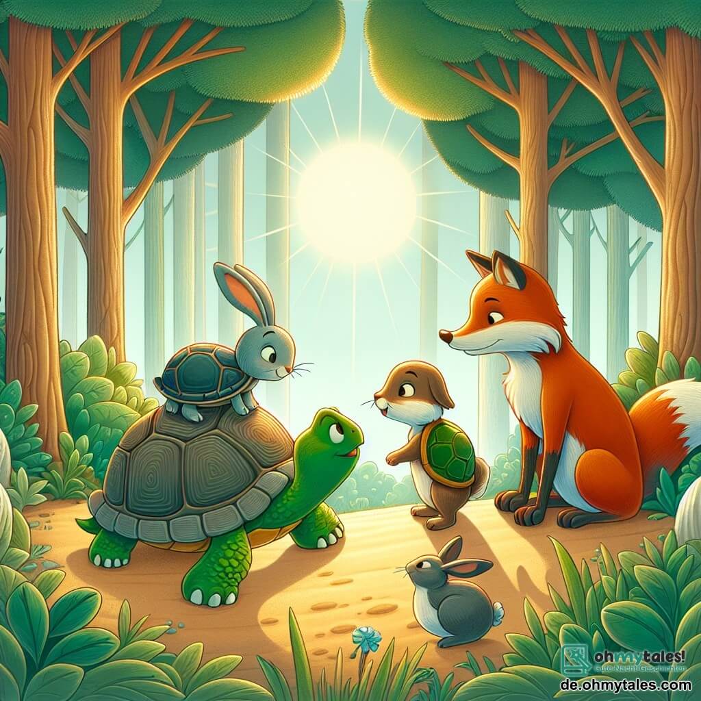 Une illustration destinée aux enfants représentant une tortue malicieuse, un lapin curieux et un renard rusé se croisant dans une clairière ensoleillée de la forêt enchantée.