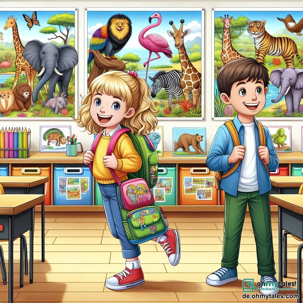 Une illustration destinée aux enfants représentant une fillette enthousiaste se préparant pour un voyage scolaire au zoo, accompagnée de son ami garçon curieux, entourés de grandes affiches colorées de différents animaux exotiques, dans une salle de classe lumineuse et joyeuse décorée de dessins d'enfants.