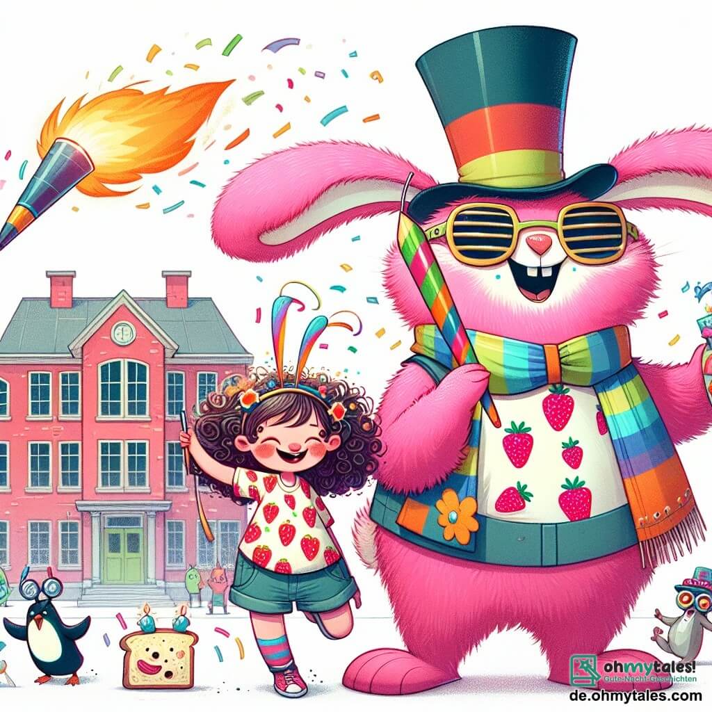 Une illustration sous forme de dessin destinée aux enfants représentant une école loufoque construite en blocs colorés, où une fille de 11 ans aux cheveux bouclés et aux yeux pétillants, vêtue d'un T-shirt à motifs de fraises, se tient joyeusement aux côtés d'un immense et flou Hopsi, un lapin rose portant des lunettes de soleil et un chapeau coloré, alors qu'ils s'apprêtent à présenter leur invention absurde, un flambeau volant qui crache des confettis et des tranches de pain grillé, sous le regard amusé d'une classe de créatures étranges, comme un pinguoin en lunettes de soleil et une chatte en zylinder.