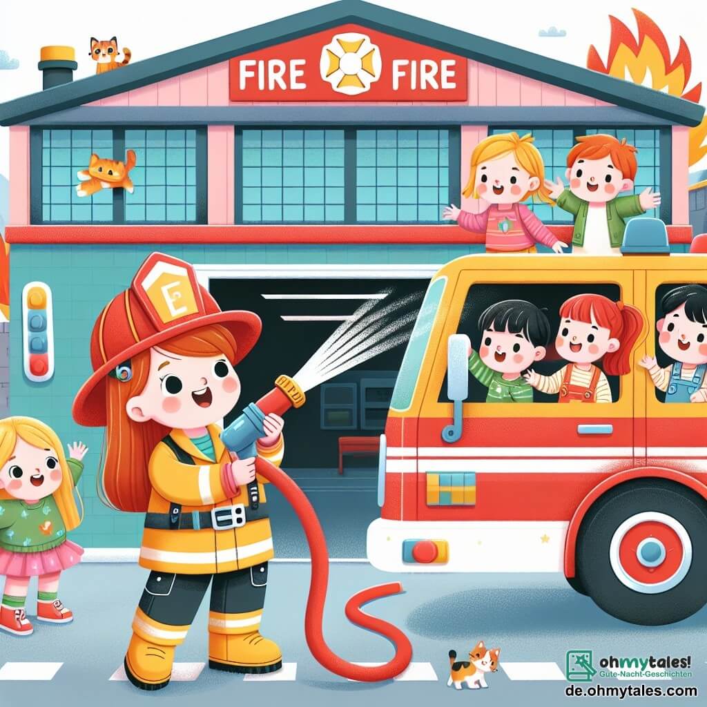 Une illustration sous forme de dessin destinée aux enfants représentant une caserne de pompiers colorée avec un grand camion rouge garé devant, où une femme pompière aux cheveux bruns, portant un casque et une combinaison de protection, sourit en montrant un grand tuyau d'incendie, tandis qu'un groupe de quatre enfants, deux filles aux cheveux blonds et un garçon aux cheveux châtains, ainsi qu'une petite fille aux cheveux noirs, l'observent avec des yeux émerveillés, tous en train d'apprendre comment éteindre un feu et secourir un petit chat perché dans un arbre à proximité.