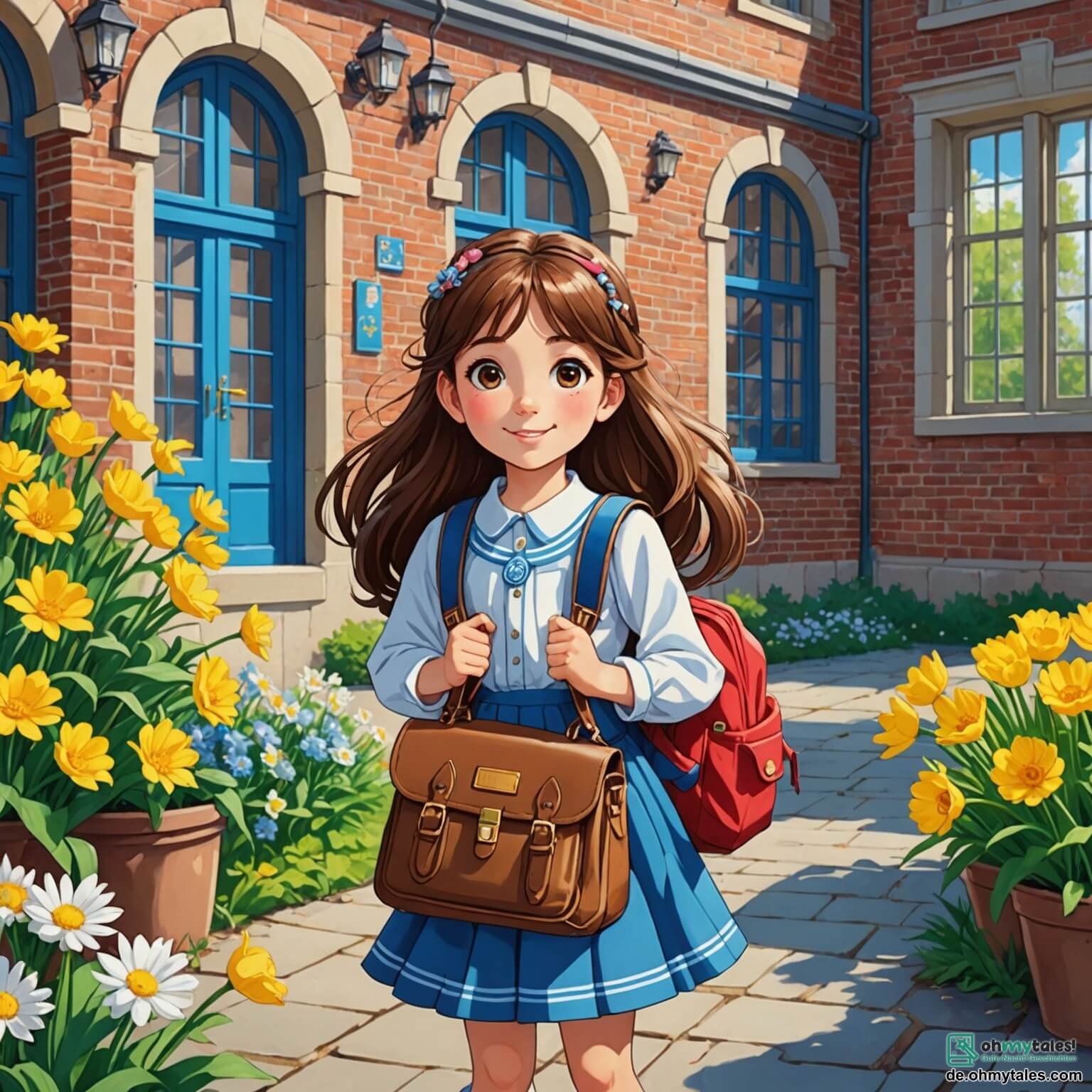 Une illustration destinée aux enfants représentant une petite fille aux longs cheveux bruns, pleine d'excitation, tenant une grande et colorée schultasche ornée de motifs de princesse, alors qu'elle se tient devant une école aux murs en briques jaunes, avec des fenêtres aux volets bleus, un grand jardin fleuri de marguerites blanches et de tulipes rouges, et un arbre majestueux offrant de l'ombre, tandis qu'à ses côtés se trouve une autre petite fille aux cheveux blonds tressés, souriante, prête à devenir sa nouvelle amie dans cette aventure de rentrée des classes.