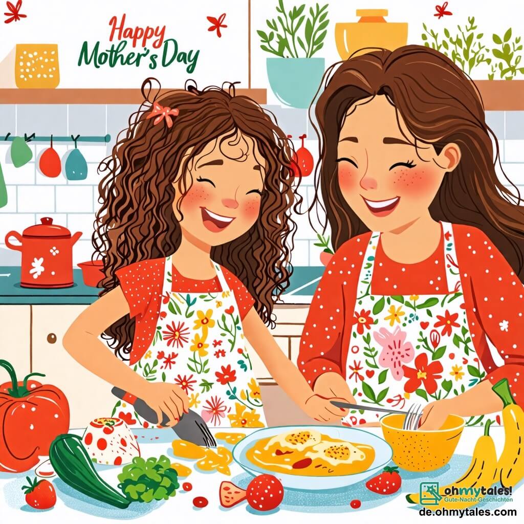 Une illustration sous forme de dessin destinée aux enfants représentant une cuisine ensoleillée et colorée, où une fille de 8 ans aux cheveux longs et bouclés, portant un tablier à motifs de fleurs, s'affaire joyeusement à préparer un petit déjeuner chaotique, tandis que sa maman, une femme souriante aux cheveux châtains, observe avec tendresse et amusement, entourées de décorations festives pour la fête des mères, avec des éclats de rire et des ingrédients éparpillés sur la table.