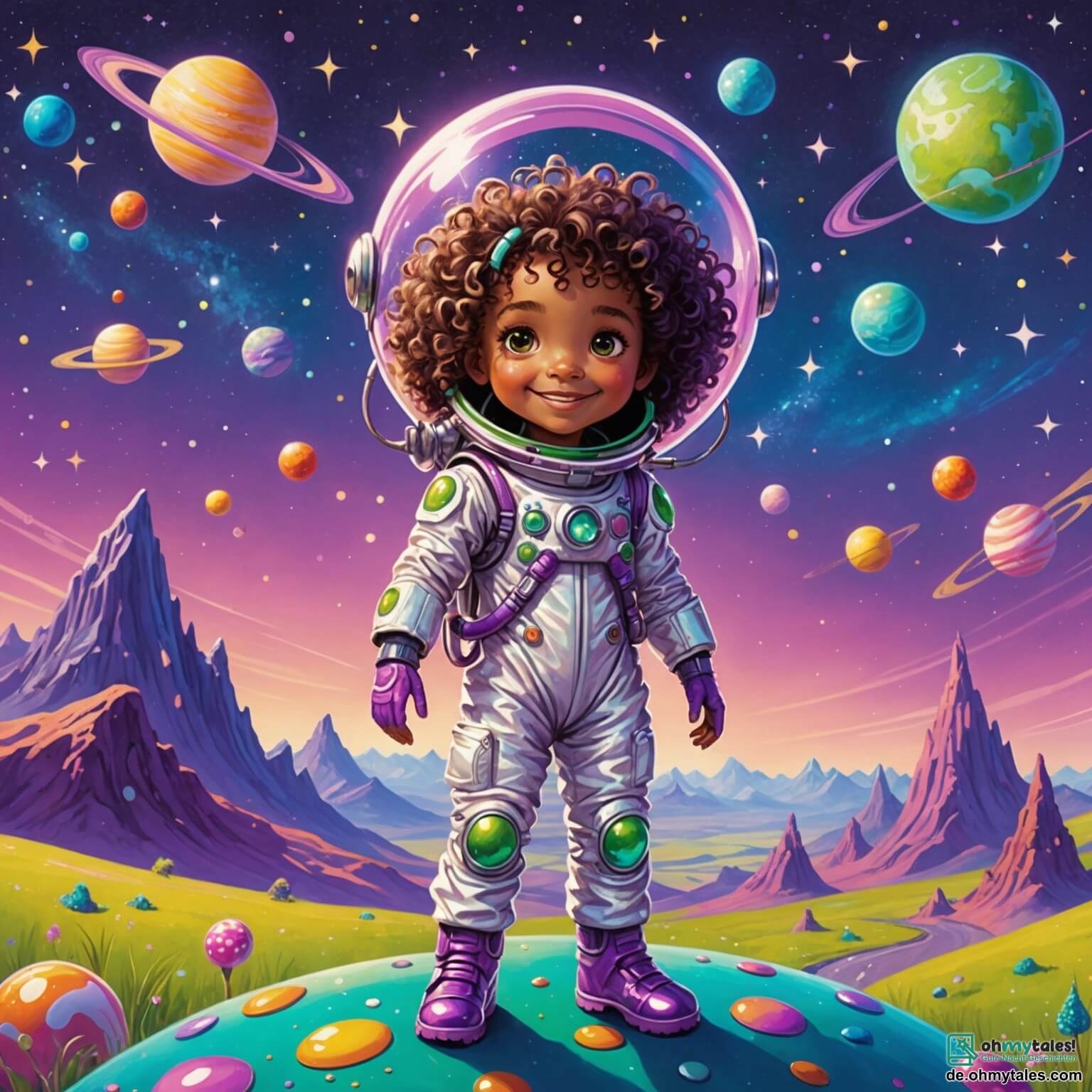 Une illustration destinée aux enfants représentant une petite fille aux cheveux bouclés et aux yeux pétillants, vêtue d'une combinaison spatiale scintillante, se tenant debout sur une planète colorée aux paysages fantastiques, où des montagnes en bonbons se dressent sous un ciel violet parsemé d'étoiles brillantes, tandis qu'elle fait la connaissance d'un extraterrestre vert à grandes oreilles et sourire amical, qui flotte joyeusement autour d'elle, tous deux prêts à vivre une aventure incroyable à la recherche d'un trésor caché dans une forêt de cristaux étincelants, où des créatures étranges et amicales les encouragent à explorer ce monde merveilleux.