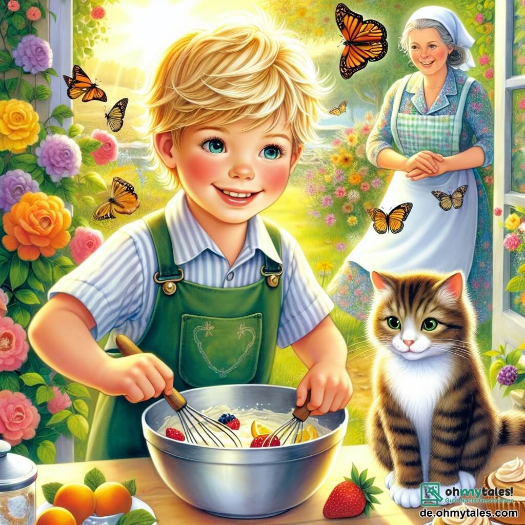 Une illustration destinée aux enfants représentant un petit garçon aux cheveux blonds et aux yeux pétillants, débordant d'énergie et d'enthousiasme, se tenant dans un jardin ensoleillé, rempli de fleurs colorées et de papillons virevoltants, tandis qu'il s'affaire avec sa petite amie à quatre pattes, une adorable chatte au pelage tigré, à concocter une délicieuse surprise pour sa maman, en mélangeant des fruits juteux dans une grande assiette, tout en essayant de cacher leur projet secret dans la cuisine, où l'odeur sucrée des gâteaux fraîchement cuits flotte dans l'air, et où sa maman, une femme douce et souriante, attend avec impatience de découvrir ce que son petit garçon et sa complice ont préparé pour la fête des mères.