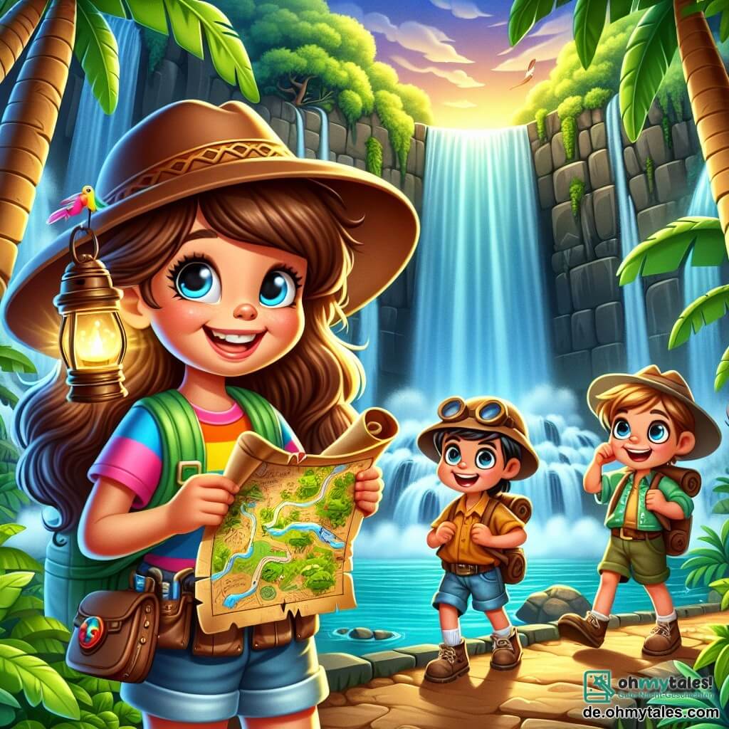 Une illustration sous forme de dessin destinée aux enfants représentant une scène vibrante dans un mystérieux dschungel tropical, où une fille de 7 ans aux longs cheveux bruns et bouclés, vêtue d'un t-shirt coloré et d'un short, tient une vieille carte au trésor avec un grand sourire, tandis qu'à ses côtés, un garçon aux cheveux blonds courts portant un chapeau d'explorateur et une fille aux lunettes rondes et aux cheveux tressés, tous deux regardant avec émerveillement un majestueux waterfall qui cache une grotte scintillante derrière ses chutes d'eau, symbolisant leur quête d'aventure et de découverte d'un trésor perdu.