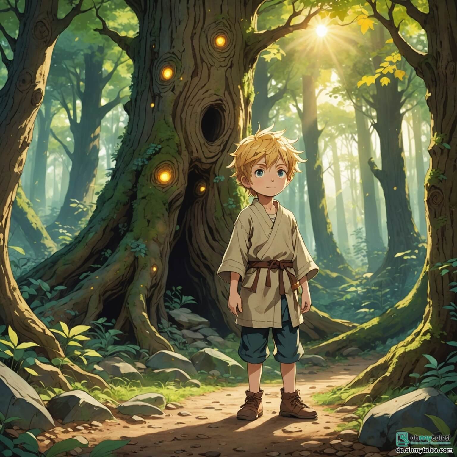 Une illustration destinée aux enfants représentant un petit garçon aux cheveux dorés comme les rayons du soleil, vêtu d'une tunique en toile de jute, se tenant courageusement au bord d'une forêt enchantée où les arbres majestueux, aux troncs noueux et aux feuilles scintillantes, semblent murmurer des secrets oubliés, tandis qu'il scrute avec détermination le sentier parsemé de pierres colorées qui le mène vers un destin incertain, entouré de créatures fantastiques comme une petite fée aux ailes iridescentes, qui brille comme un arc-en-ciel, et un sage hibou aux yeux perçants, qui veille sur lui depuis une branche, tous deux prêts à l'aider dans sa quête pour retrouver les fleurs disparues de son village, où les couleurs vives des pétales se mêlent à l'odeur sucrée des fruits mûrs, créant une atmosphère magique et pleine d'espoir.