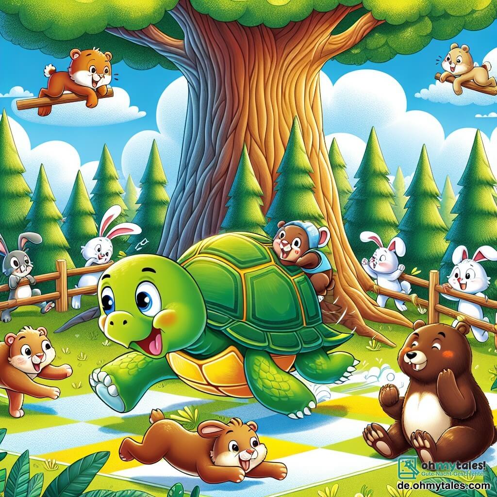 Une illustration destinée aux enfants représentant une tortue malicieuse participant à une course contre un lièvre distrait et un ours gourmand, dans une forêt ensoleillée avec un grand arbre et des animaux joyeux tout autour.