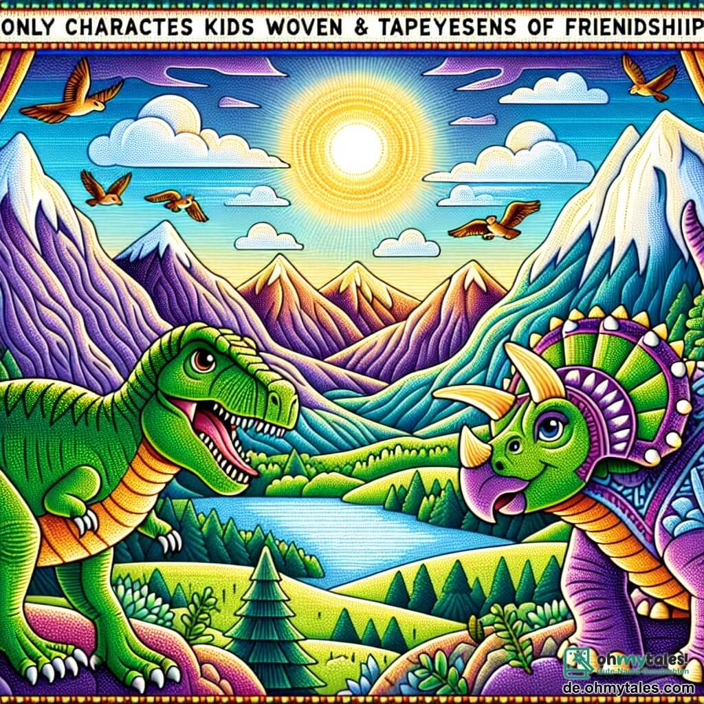 Une illustration destinée aux enfants représentant un jeune Tyrannosaure Rex garçon, accompagné de sa meilleure amie Triceratops fille, découvrant un magnifique et majestueux vallon entouré de hautes montagnes, où se déroule une aventure pleine de mystères et d'amitié.