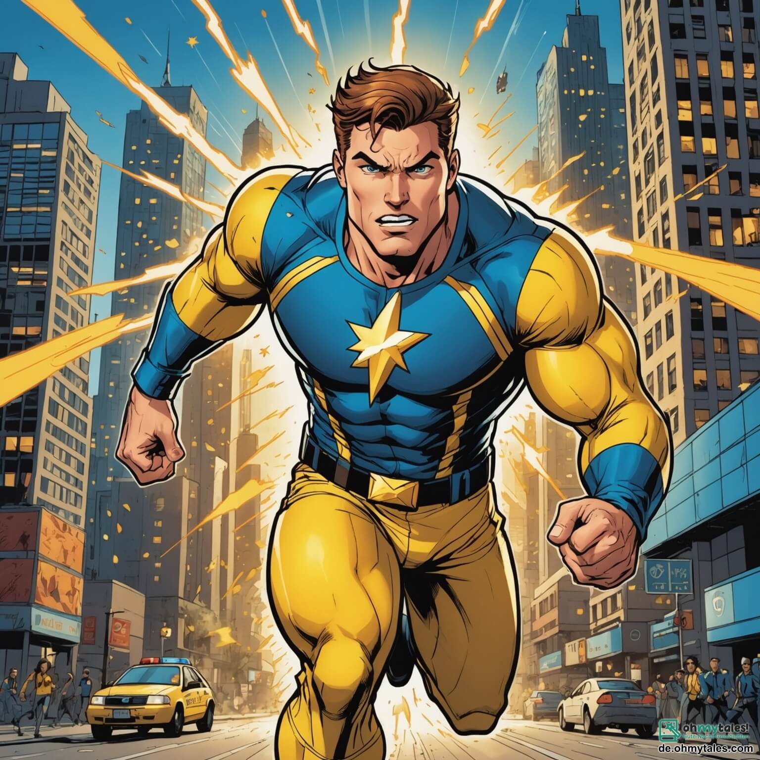 Une illustration destinée aux enfants représentant un homme musclé aux yeux brillants comme des étoiles, vêtu d'un costume jaune éclatant orné d'un symbole de foudre, courant à toute vitesse dans une ville vibrante où les gratte-ciels scintillent sous le soleil levant, tandis qu'il se précipite vers une jeune policière courageuse aux cheveux bruns et à l'uniforme bleu, qui l'appelle à l'aide pour capturer un mystérieux méchant aux pouvoirs d'invisibilité, le tout se déroulant dans un parc animé où des enfants rient et jouent, entourés d'arbres majestueux aux feuilles verdoyantes et de fleurs colorées qui dansent au gré du vent.