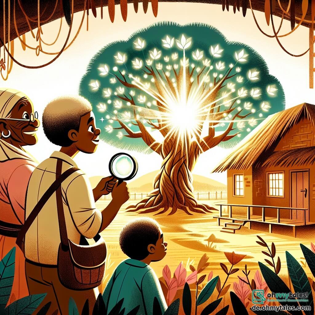 Une illustration destinée aux enfants représentant un homme au cœur pur et courageux, découvrant un mystérieux arbre magique aux feuilles lumineuses, accompagné d'une sage grand-mère, dans un petit village africain baigné de soleil, où les histoires des ancêtres se mêlent aux vents chauds du soir.