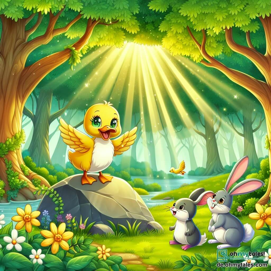 Eine Illustration zeigt eine verzauberte Lichtung im Herzen eines üppigen Waldes, durchzogen von goldenem Sonnenlicht, das durch die Blätter der großen Bäume filtert. In der Mitte steht eine fröhliche Ente mit leuchtend gelbem Gefieder und neugierigen Augen auf einem kleinen Felsen, die Flügel leicht gespreizt, als wäre sie bereit zum Abheben. Neben ihr beobachtet eine kleine graue Maus mit großen Ohren und einem dünnen Schwanz aufmerksam, und ein Kaninchen mit langen weißen Ohren wirkt ungeduldig und bereit zum Hüpfen. Die Szene strahlt eine Atmosphäre von Aufregung und Freundschaft aus, während die Ente und ihre Freunde über eine geheimnisvolle Suche nach einem versteckten Schatz diskutieren. Bunte Blumen umgeben den Felsen, und ein sanfter Wind lässt die Blätter tanzen, was dieser tierischen Abenteuerreise einen Hauch von Magie verleiht.