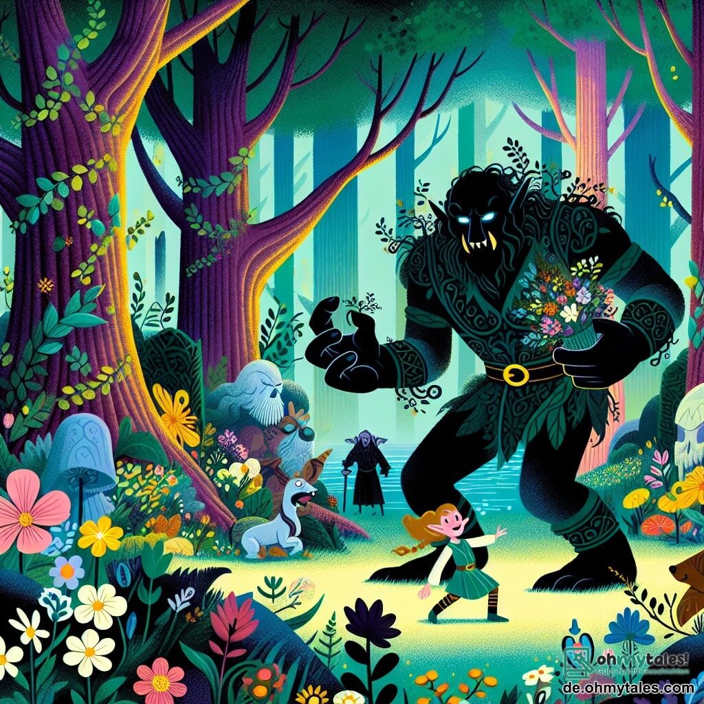Une illustration destinée aux enfants représentant un ogre ténébreux et menaçant capturant une petite fille elfe dans une forêt enchantée aux arbres immenses et aux fleurs lumineuses.