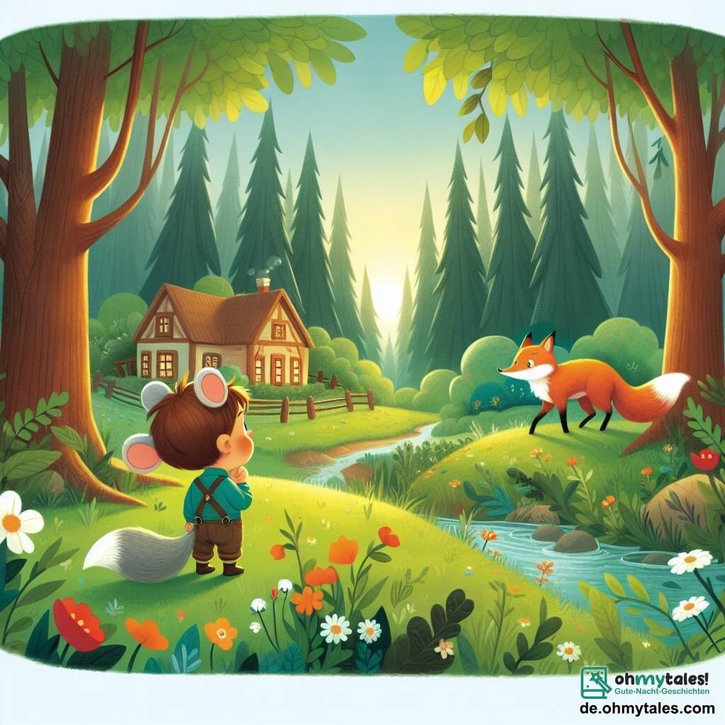 Une illustration destinée aux enfants représentant une adorable petite souris garçon, rêvant d'aventures, rencontrant un rusé renard mâle, dans un village paisible au bord d'une forêt luxuriante aux arbres gigantesques et aux feuilles bruissant doucement dans la brise du matin.