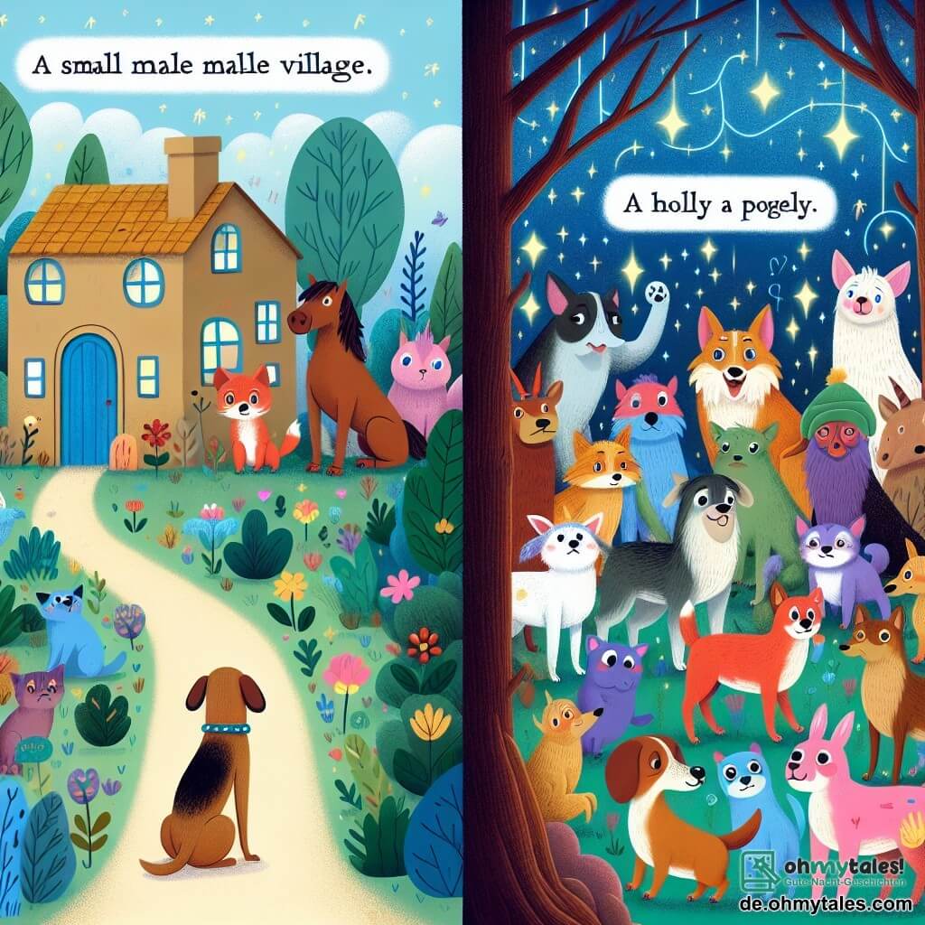 Une illustration destinée aux enfants représentant un petit chien mâle, se sentant seul dans un village, rencontrant un groupe d'animaux divers et colorés dans une forêt enchantée, pleine de mystères et de magie.