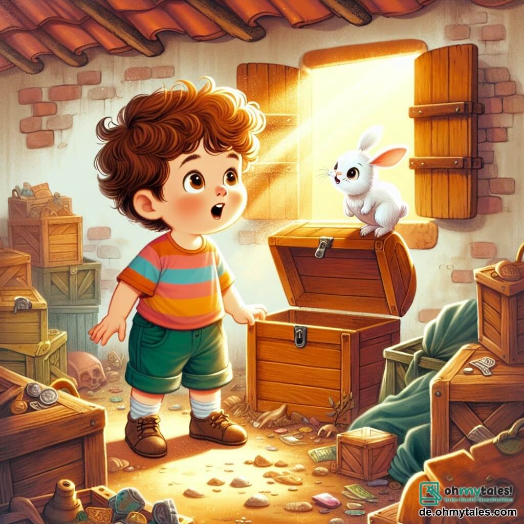 Une illustration sous forme de dessin destinée aux enfants représentant un petit garçon de 3 ans aux cheveux châtains et bouclés, portant un t-shirt coloré et un short, émerveillé en découvrant une petite porte en bois cachée derrière des vieilles caisses sur un toit poussiéreux rempli de trésors oubliés, tandis qu'un adorable petit kaninchen aux grandes oreilles et au pelage blanc s'approche de lui avec curiosité, le tout baigné dans une lumière dorée filtrant par une fenêtre, évoquant l'esprit d'aventure et de découverte dans un monde magique.