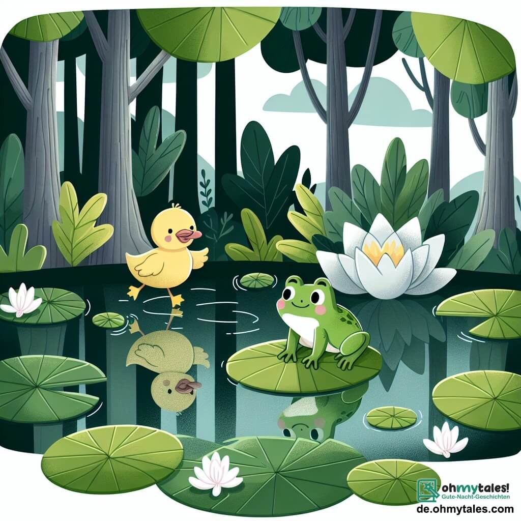 Une illustration destinée aux enfants représentant une petite grenouille verte, une situation d'aventure dans la forêt sombre, accompagnée d'une amie canard jaune, sautant de nénuphar en nénuphar dans un étang aux reflets argentés et aux gigantesques feuilles de lotus.