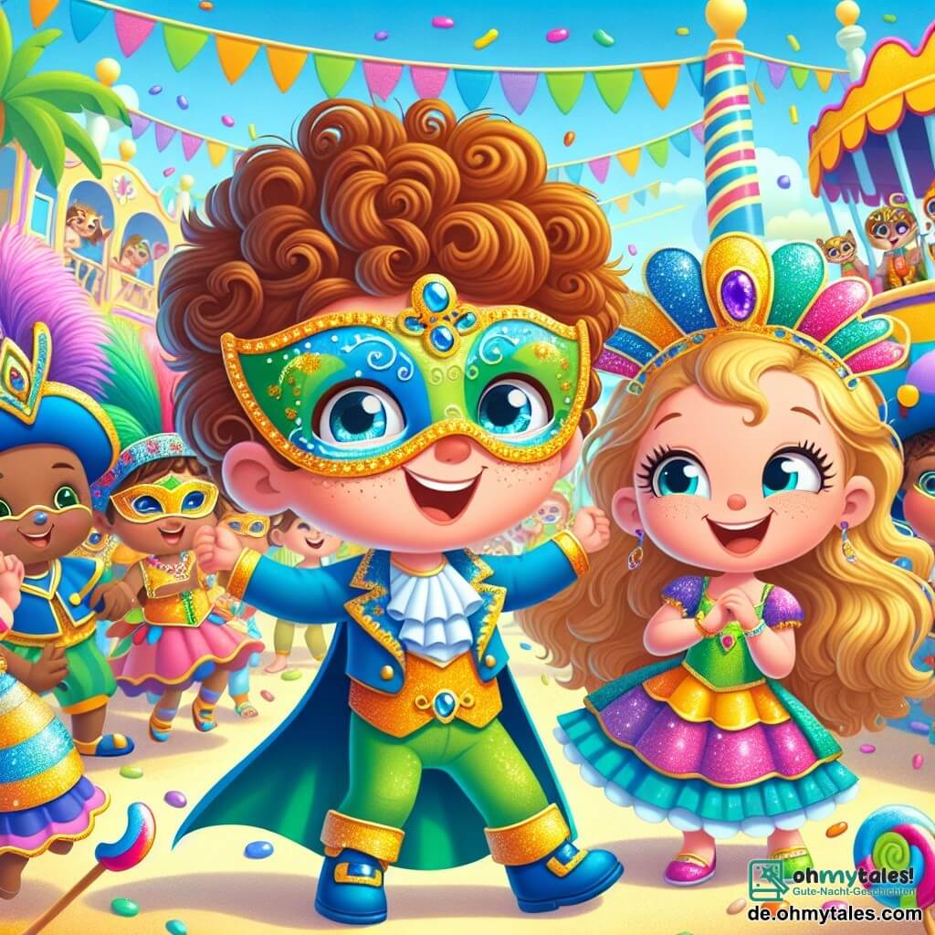 Une illustration sous forme de dessin destinée aux enfants représentant un carnaval coloré sur une île ensoleillée, avec des stands de friandises et des décorations festives, où un garçon de 5 ans aux cheveux bouclés et aux yeux pétillants danse joyeusement, portant une magnifique masque bleue et verte ornée de paillettes, entouré de sa meilleure amie, une petite fille aux cheveux longs et blonds, vêtue d'un costume coloré, qui rit et applaudit, tandis qu'une foule de personnes en costumes éclatants danse et chante autour d'eux, créant une atmosphère magique et pleine de joie.