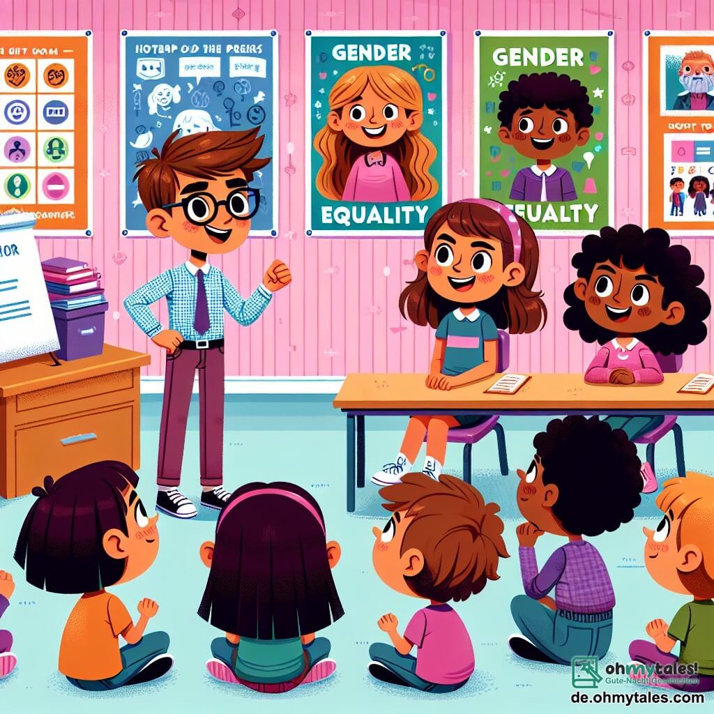 Une illustration sous forme de dessin destinée aux enfants représentant une salle de classe colorée, avec des murs décorés de posters sur l'égalité des genres, où un garçon de 11 ans aux cheveux bruns et aux lunettes, debout avec un regard déterminé, présente un projet à ses camarades, tandis qu'une fille aux cheveux bouclés et un grand sourire l'écoute attentivement, entourés de plusieurs autres enfants, tous captivés par la discussion sur l'importance de l'égalité des sexes et l'expression de soi.