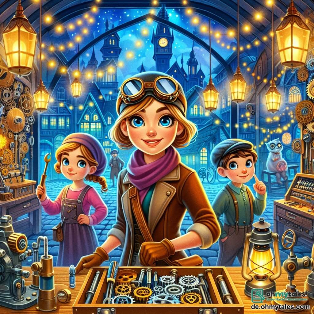 Une illustration destinée aux enfants représentant une femme inventrice, une fille et un garçon curieux, dans une mystérieuse et colorée Werkstatt pleine de machines étranges et de lumières scintillantes, dans le village enchanté de Buntschön.