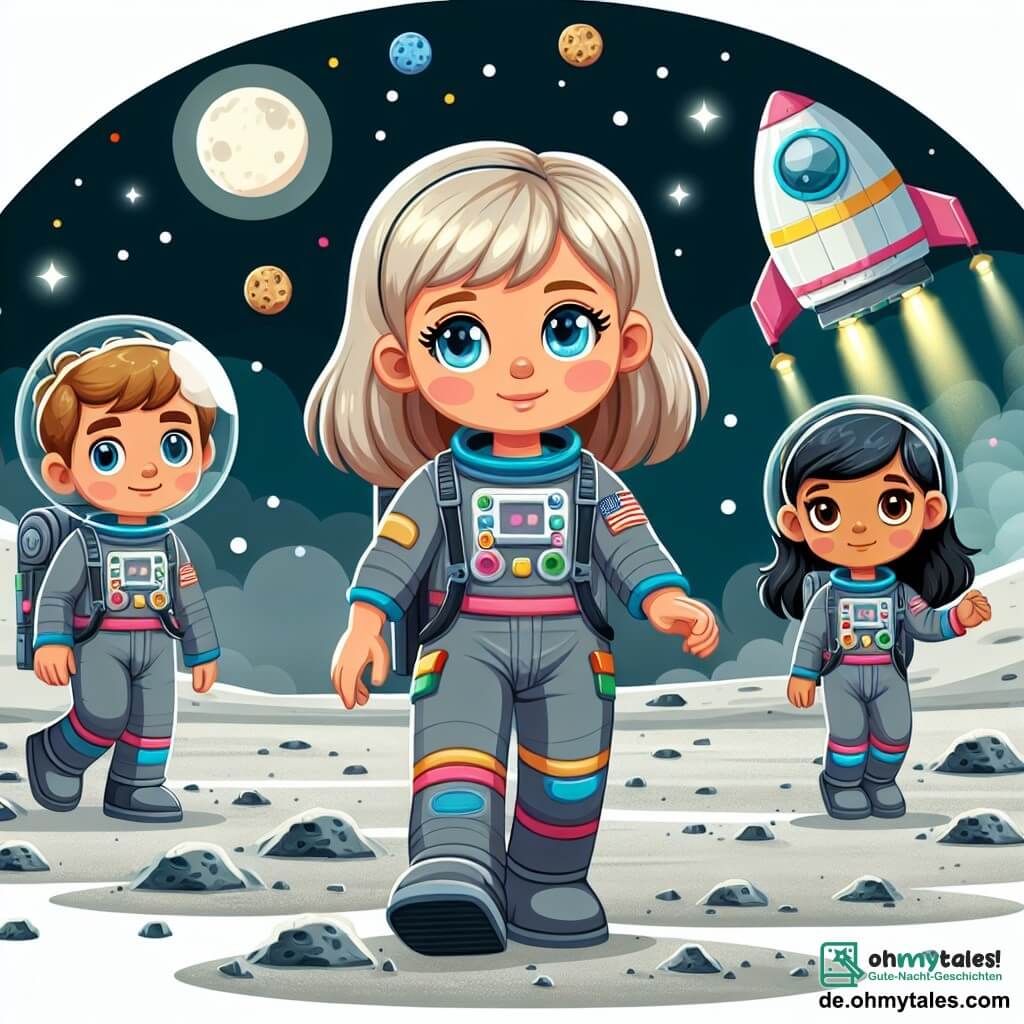 Une illustration destinée aux enfants représentant une jeune femme astronaute, aux cheveux blonds et aux yeux bleus, explorant la surface grise et poussiéreuse de la lune en compagnie de ses collègues, un garçon aux cheveux bruns et une fille aux cheveux noirs, avec un grand vaisseau spatial brillant et coloré en arrière-plan.