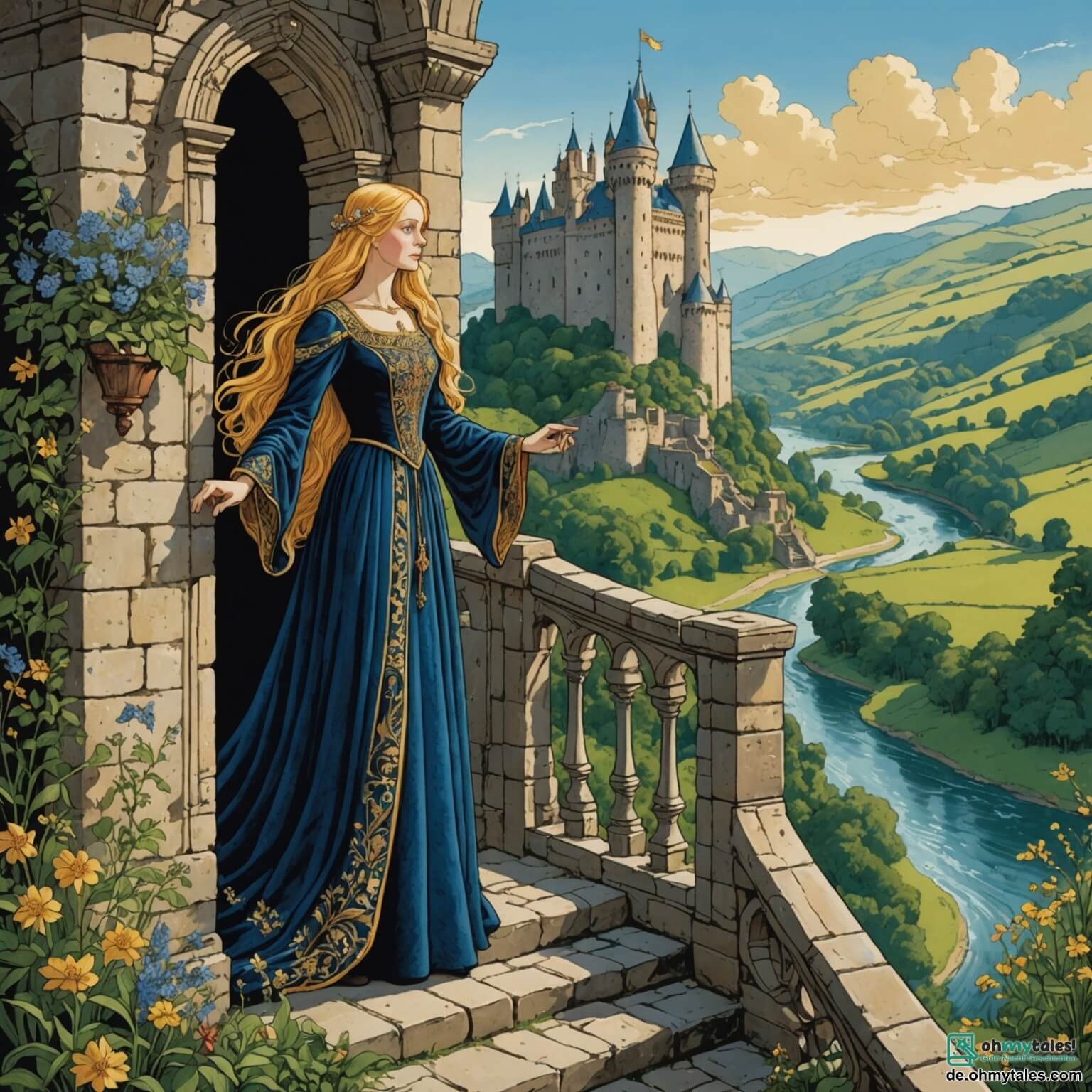 Une illustration destinée aux enfants représentant une jeune femme aux longs cheveux dorés, vêtue d'une robe en velours bleu ornée de broderies dorées, se tenant fièrement sur un balcon en pierre d'un château médiéval, surplombant une vallée verdoyante parsemée de fleurs sauvages et de rivières scintillantes, tandis qu'un sage vieil homme à la barbe blanche, son mentor, l'observe avec bienveillance, alors qu'elle se prépare à affronter un dragon légendaire qui menace leur royaume.