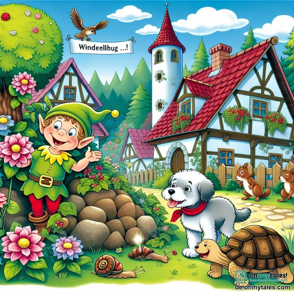 Une illustration destinée aux enfants représentant un petit elfe malicieux, une situation de recherche d'un objet perdu avec l'aide d'un chien joyeux, dans le charmant village de Windelburg, caché au cœur du Zauberwald, où les fleurs chantent, les Eichhörnchen parlent et les schildkröten volent dans le ciel.