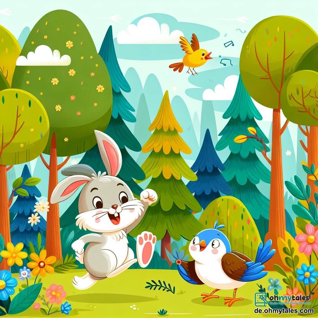 Une illustration destinée aux enfants représentant un petit lapin malicieux faisant des farces, accompagné d'un oiseau blessé, dans une for vivante et colorée de la forêt, où les arbres sont grands et les fleurs très animaux.