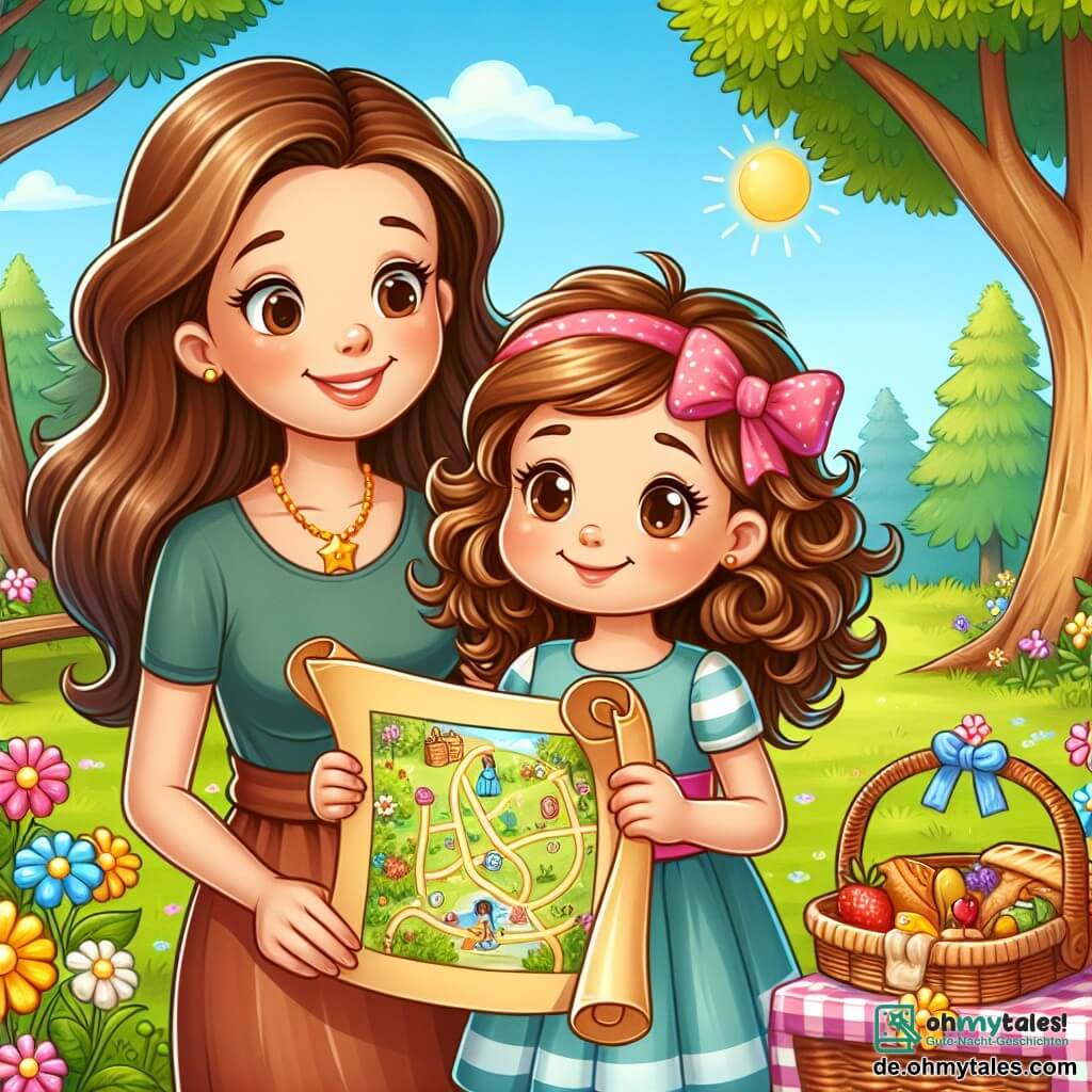 Une illustration sous forme de dessin destinée aux enfants représentant un parc ensoleillé avec de grandes arbres et des fleurs colorées, au premier plan une petite fille de 5 ans aux cheveux bruns et bouclés, souriante, tenant une carte au trésor dans ses mains, tandis qu'à côté d'elle se trouve sa maman, une femme aux cheveux longs et châtains, qui l'observe avec tendresse, toutes deux prêtes à partir à la recherche d'un trésor caché pour célébrer la fête des mères, avec un panier de pique-nique rempli de délices à leurs pieds.