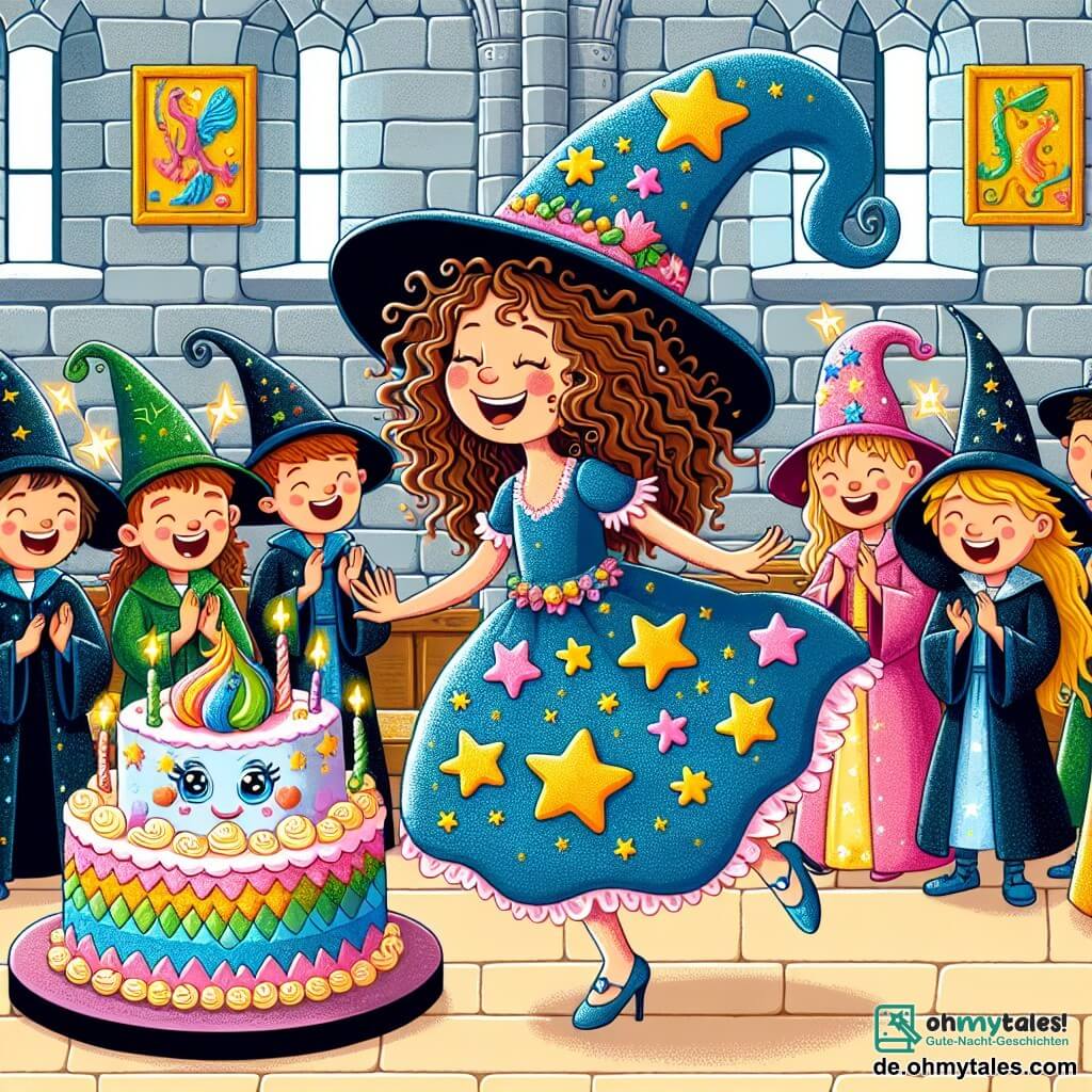 Une illustration sous forme de dessin destinée aux enfants représentant une salle de classe magique dans une école de sorcellerie, avec des murs en pierre ornés de tableaux animés, où une petite fille apprentie sorcière aux cheveux bouclés et au grand chapeau pointu décoré d'étoiles colorées, souriante et pleine d'enthousiasme, danse joyeusement avec un gâteau coloré aux yeux pétillants et aux bras en crème fouettée, tandis qu'un groupe d'autres jeunes sorciers et sorcières, aux robes chatoyantes et aux chapeaux variés, applaudissent et rient, créant une ambiance festive et enchantée.