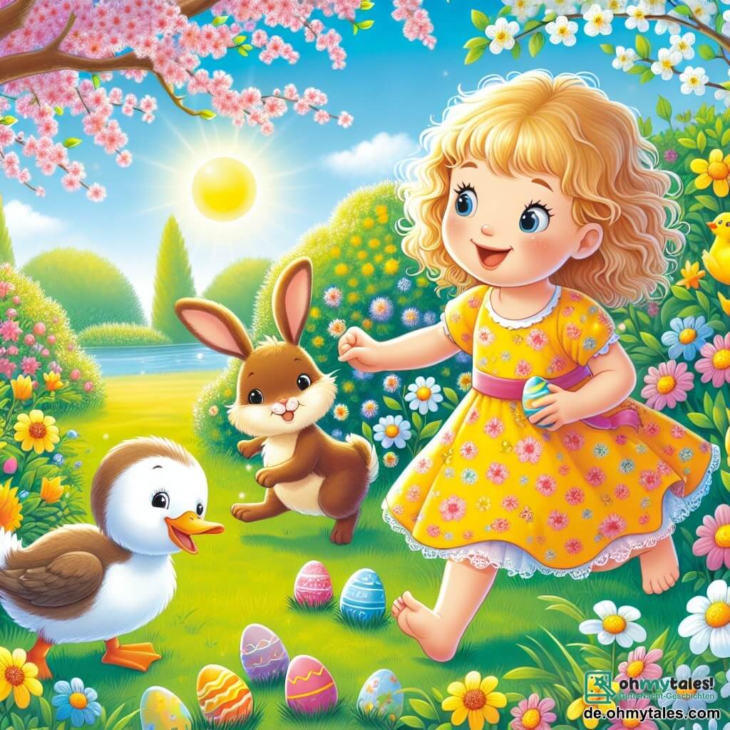 Une illustration sous forme de dessin destinée aux enfants représentant un jardin ensoleillé rempli de fleurs colorées et d'arbres en fleurs, où une petite fille de 4 ans aux cheveux blonds bouclés, vêtue d'une robe jaune à fleurs, est en train de chercher des œufs de Pâques cachés dans l'herbe, tandis qu'un petit lapin brun aux grandes oreilles saute joyeusement à ses côtés et une canne enjouée aux plumes blanches et jaunes les observe en quackant, créant une ambiance festive et joyeuse de chasse aux œufs.