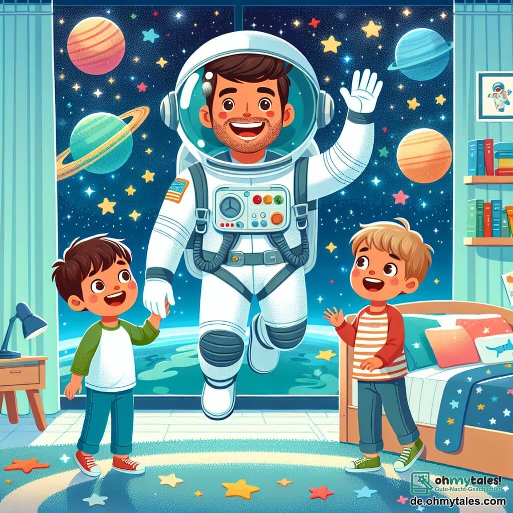 Une illustration sous forme de dessin destinée aux enfants représentant un vaste espace intergalactique rempli d'étoiles scintillantes et de planètes colorées, avec un astronaute homme au visage souriant, portant un grand casque et un costume spatial brillant, flottant joyeusement dans l'espace tout en saluant des enfants curieux, un garçon aux cheveux bruns et une fille aux cheveux blonds, qui regardent émerveillés depuis la fenêtre de leur chambre, entourés de livres sur les étoiles et des dessins de fusées, illustrant leur rêve de devenir astronautes et d'explorer l'univers.