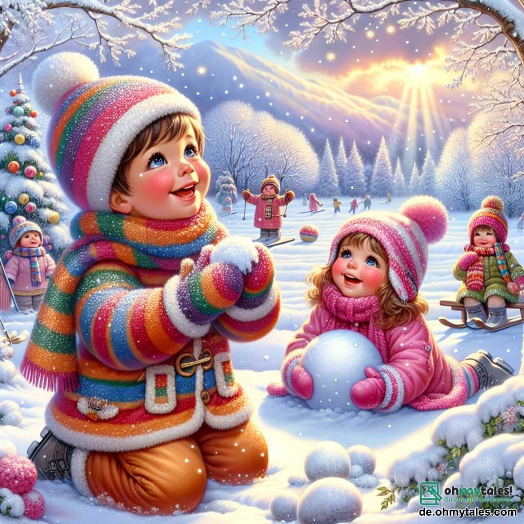 Illustration eines zauberhaften Winterlandschaft, in der der Schnee den Boden wie einen sanften weißen Teppich bedeckt. Bäume mit schneebedeckten Ästen funkeln im Sonnenlicht und schaffen eine magische Atmosphäre. In der Mitte der Szene steht ein 2-jähriger Junge mit rosigen Wangen und funkelnden Augen, der einen bunten Mantel, einen gestreiften Schal und eine Wollmütze trägt. Er lächelt fröhlich und hebt die Arme, um einen vom Himmel fallenden Schneekristall zu fangen. Neben ihm spielt ein etwa 4-jähriges Mädchen mit langen braunen Haaren und leuchtenden Augen, das einen rosa Skianzug und passende Handschuhe trägt. Sie lacht, während sie einen Schneemann baut, ihr Gesicht strahlt vor Spielfreude. Die Hauptsituation zeigt die beiden Kinder, die zusammen im Schnee spielen und einen Schneemann mit einer Karotte als Nase und einem alten Hut bauen. Sanfte Schneeflocken fallen um sie herum und verleihen dem Moment eine magische Note. Im Hintergrund funkeln Weihnachtslichter und schaffen eine festliche und warme Atmosphäre.