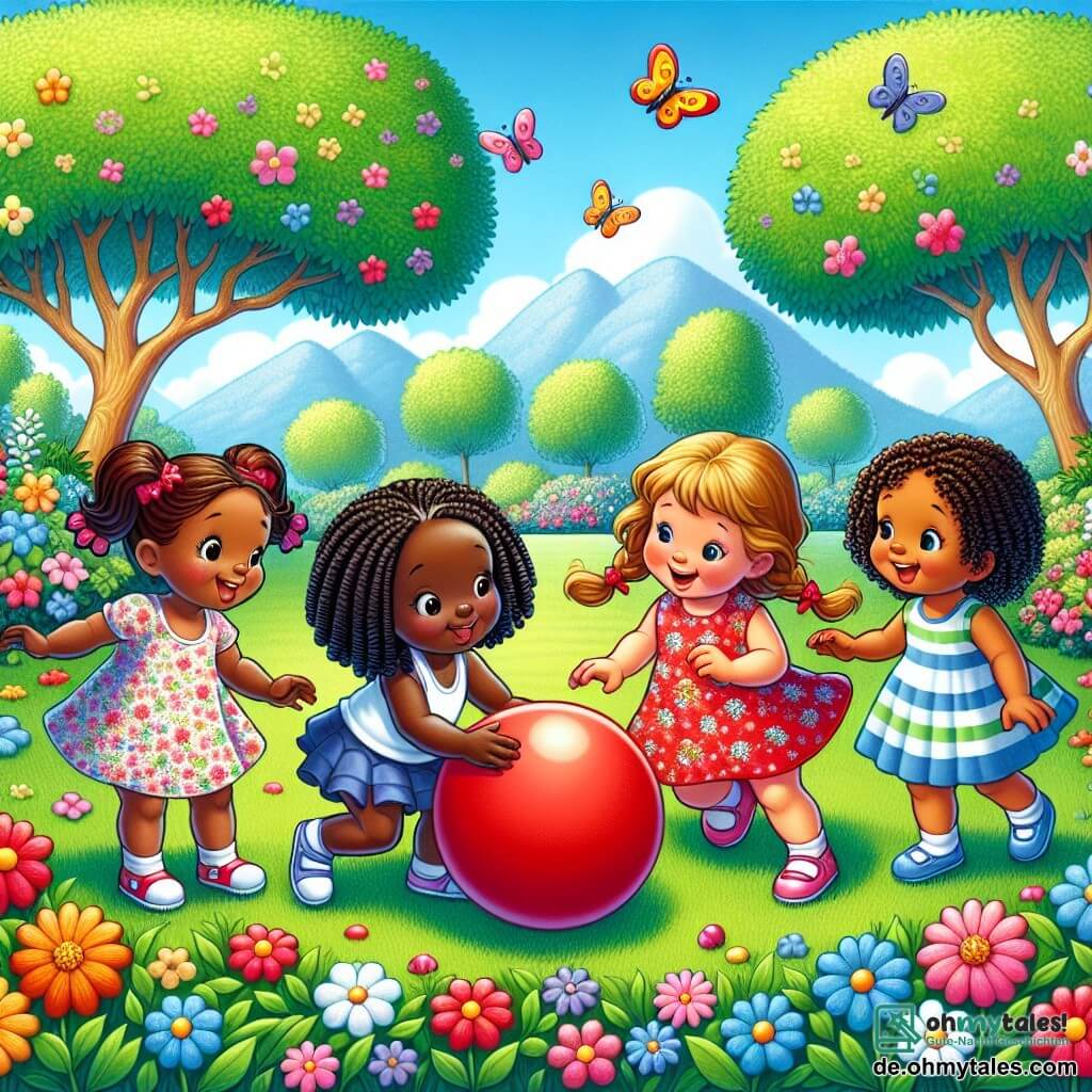 Eine Illustration zeigt einen schönen Kindergarten-Garten, gefüllt mit bunten Blumen, großen Bäumen mit grünen Blättern und einem strahlend blauen Himmel. Im Zentrum spielen vier dreijährige Mädchen zusammen auf einer grünen Wiese. Eines der Mädchen mit braunen, geflochtenen Haaren hält einen großen roten Ball, während ein anderes mit blonden Locken auf einem Fuß steht, bereit, den Ball zu werfen. Das dritte Mädchen mit kastanienbraunen Haaren und einem Blumenkleid lacht, während es auf das Gras fällt, und das letzte mit schwarzen Haaren und einem Zopf schaut mit einem ermutigenden Lächeln zu. Die Szene fängt einen Moment der Freude und Kameradschaft ein, zeigt jedoch auch eine leichte Spannung, da eines der Mädchen etwas unbehaglich wirkt, weil es gelogen hat, um den Ball für sich zu behalten. Bunte Schmetterlinge fliegen um sie herum und verleihen dieser Szene von Freundschaft und Entdeckung einen Hauch von Magie.