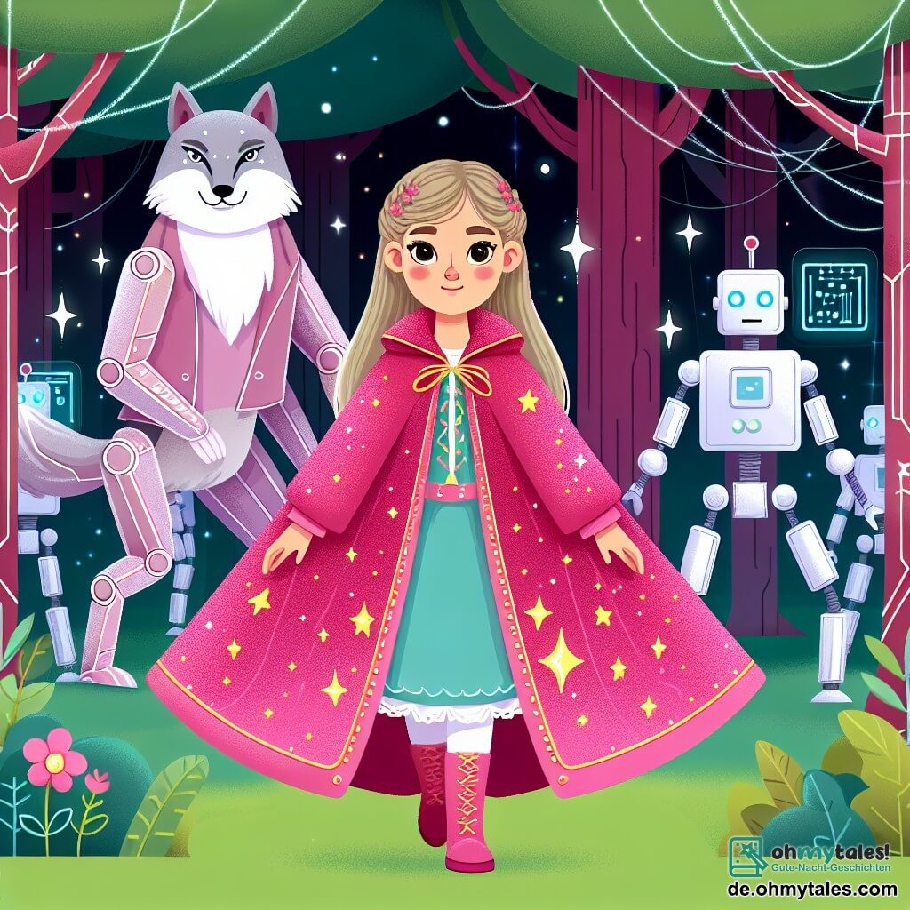 Une illustration destinée aux enfants représentant une jeune fille courageuse, vêtue d'un magnifique manteau rose orné d'étoiles scintillantes, se trouvant face à un malicieux loup de données dans un futuristische Wald rempli de robots intelligents.