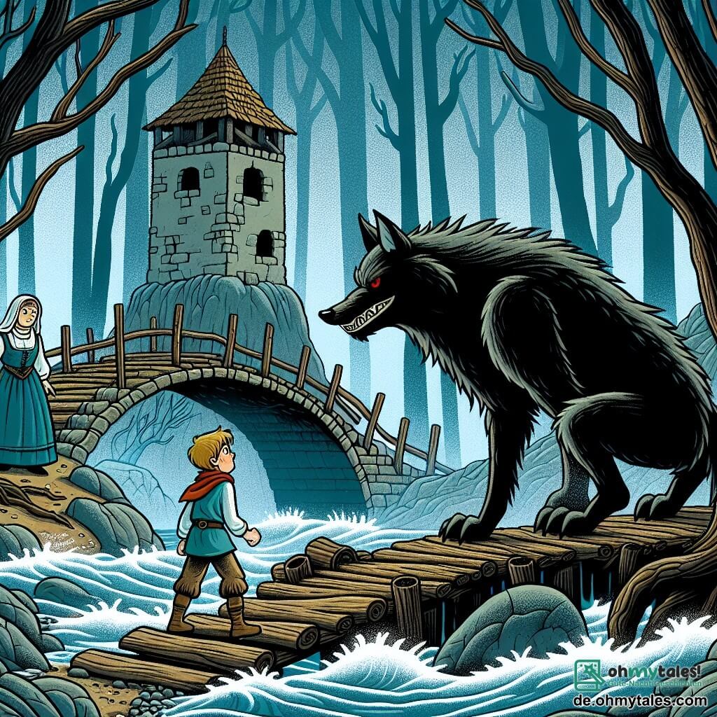 Une illustration destinée aux enfants représentant un petit garçon courageux faisant face à un grand méchant loup dans une forêt sombre et mystérieuse, avec en arrière-plan une vieille tour en ruines et une vieille brücke en bois au-dessus d'un reißenden Fluss tumultueux, où se déroule l'action principale de l'histoire, avec en tant que personnage secondaire une mère aimante accueillant son fils de retour à la maison.