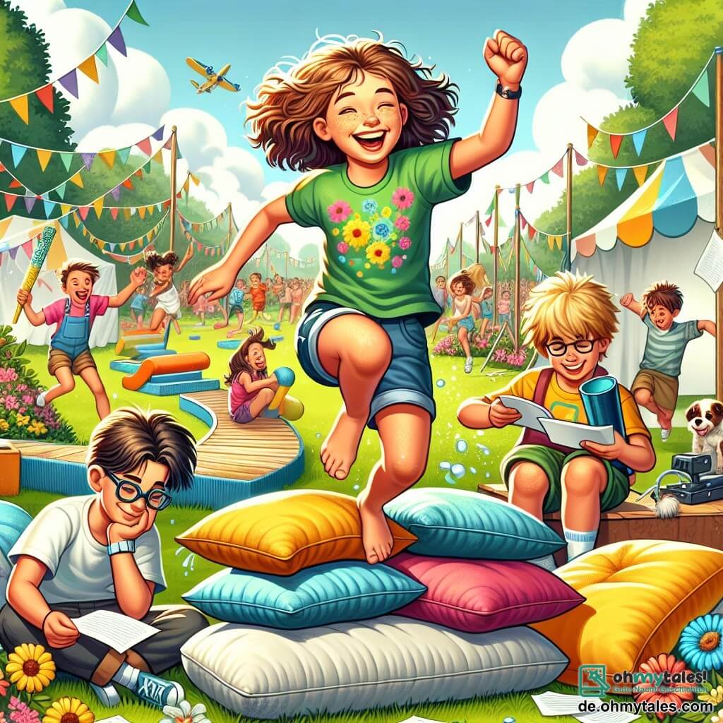 Illustration eines sonnigen Parks, gefüllt mit strahlendem Grün und bunten Blumen. Im Zentrum ein großes Fest mit Lachen und Spielen, mit einem Hindernisparcours aus Kissen und kleinen Wasserflächen. Im Vordergrund ein 11-jähriges Mädchen mit lockigem, braunem Haar, das ein buntes T-Shirt und Shorts trägt, springt fröhlich auf einem großen Kissenstapel mit einem breiten Lächeln im Gesicht. Sie wirkt voller Energie und Freude, bereit die Herausforderung des Parcours anzunehmen. Neben ihr zwei Jungen von etwa 11 Jahren: einer mit zerzausten blonden Haaren und einem Skateboard unter dem Arm lacht, während er versucht, sein Gleichgewicht auf einem Kissen zu halten; der andere mit Brille und braunen Haaren beobachtet den Parcours aufmerksam und hält einen Papierplan in den Händen, wie ein kleiner Wissenschaftler in tiefem Nachdenken. Die Hauptszene zeigt die Aufregung des freundschaftlichen Wettbewerbs, mit Wasserspritzern und Lachen, die in der Luft liegen. Im Hintergrund läuft ein kleiner, energischer Hund mit lockigem Fell um die Kinder herum und fügt der gesamten Illustration eine Note von Dynamik und Glück hinzu.