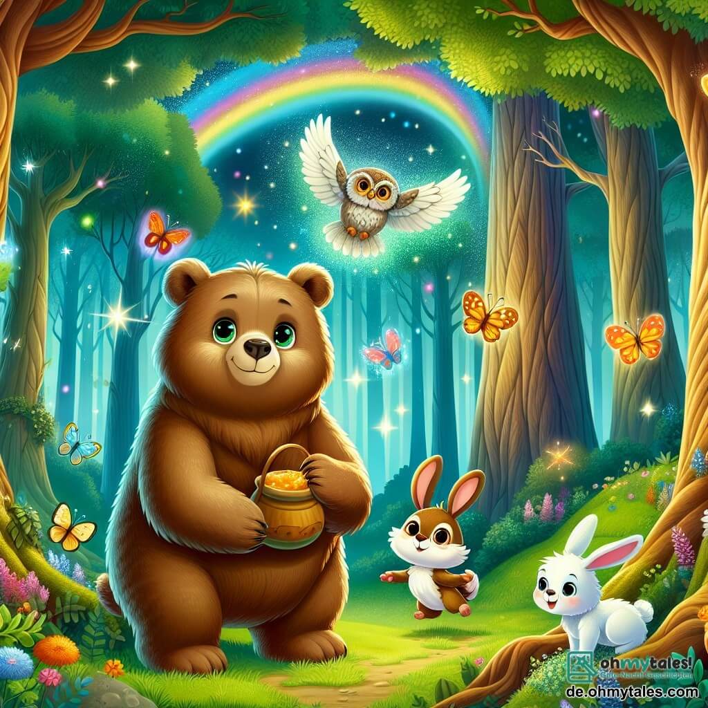 Eine Illustration zeigt eine verzauberte Lichtung im Herzen eines magischen Waldes, wo majestätische Bäume mit dicken Stämmen und grünen Blättern in den Himmel ragen. In der Mitte steht ein Bär mit weichem, goldenem Fell und neugierigen Augen, der einen Honigtopf in seinen Vorderpfoten hält und ein warmes Lächeln auf seinem Gesicht trägt. Neben ihm sitzt eine kleine Eule mit weißen Federn und großen runden Augen, die aufmerksam von einem Ast aus zuschaut, während ein junger Hase mit großen Ohren und hellbraunem Fell, lebhaften Augen, fröhlich um sie herum springt. Die Szene strahlt eine Atmosphäre von Kameradschaft und Staunen aus, mit bunten Lichtstrahlen, die von einer geheimnisvollen schwebenden Lichtkugel ausgehen, die die Magie und Freundschaft symbolisiert, die die Bewohner des Waldes vereint. Bunte Blumen und schwirrende Schmetterlinge verleihen dieser fröhlichen Illustration eine lebendige und magische Note.