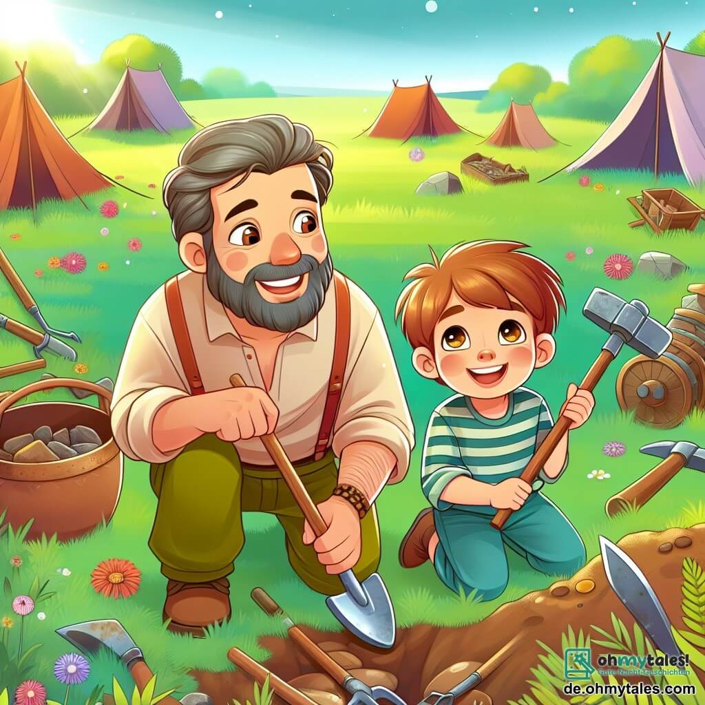 Une illustration destinée aux enfants représentant un homme, passionné d'archéologie, accompagné de son fils, un garçon curieux aux yeux pétillants, creusant joyeusement dans un champ verdoyant parsemé de tentes et d'outils anciens, à la recherche de trésors enfouis d'une ancienne civilisation romaine.