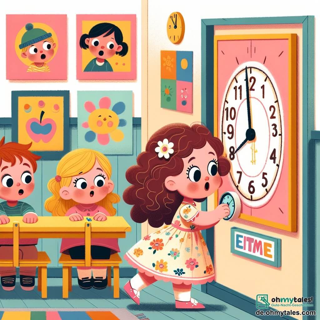 Une illustration sous forme de dessin destinée aux enfants représentant une salle de classe colorée avec des murs décorés de dessins d'enfants, où une petite fille de 3 ans aux cheveux bouclés et aux yeux pétillants, vêtue d'une robe à fleurs, examine avec curiosité une grande horloge accrochée au mur, tandis que deux de ses amis, un garçon aux cheveux blonds et une fille aux cheveux bruns, regardent avec étonnement un petit morceau de papier qu'ils viennent de découvrir derrière l'horloge, le tout dans une atmosphère d'excitation et de mystère, symbolisant leur enquête pour résoudre le secret de l'horloge.