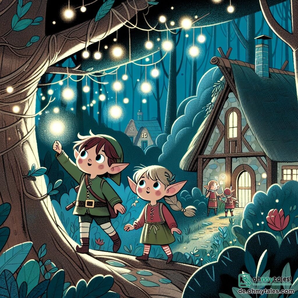 Une illustration destinée aux enfants représentant un petit lutin garçon, accompagné de sa meilleure amie lutine, dans un village caché au cœur d'un mystérieux et dense bois enchanté, où ils découvrent un arbre magique brillant de mille feux.
