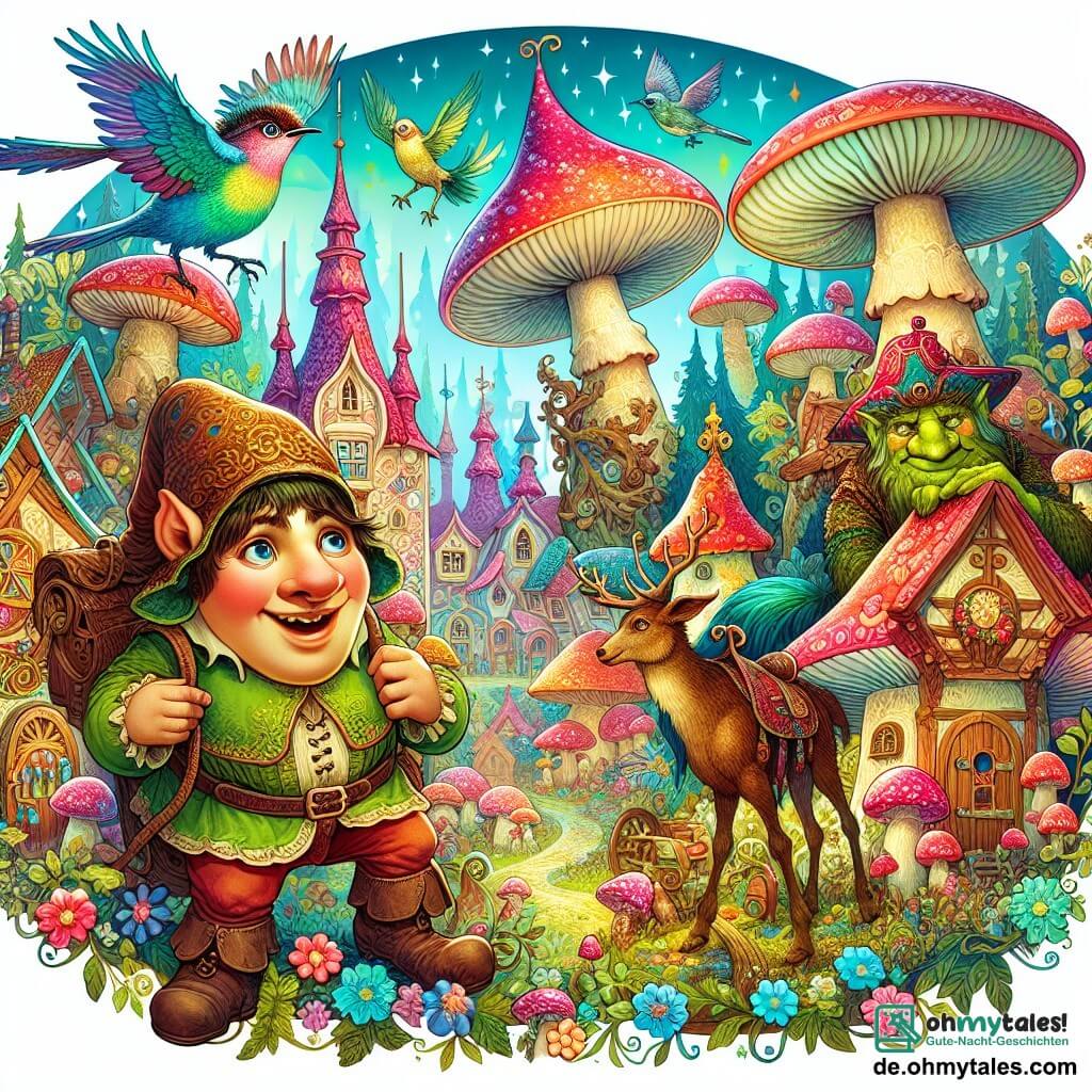 Une illustration destinée aux enfants représentant un joyeux ogre, un garçon curieux, un oiseau coloré et un village de champignons enchanté où les aventures magiques prennent vie.