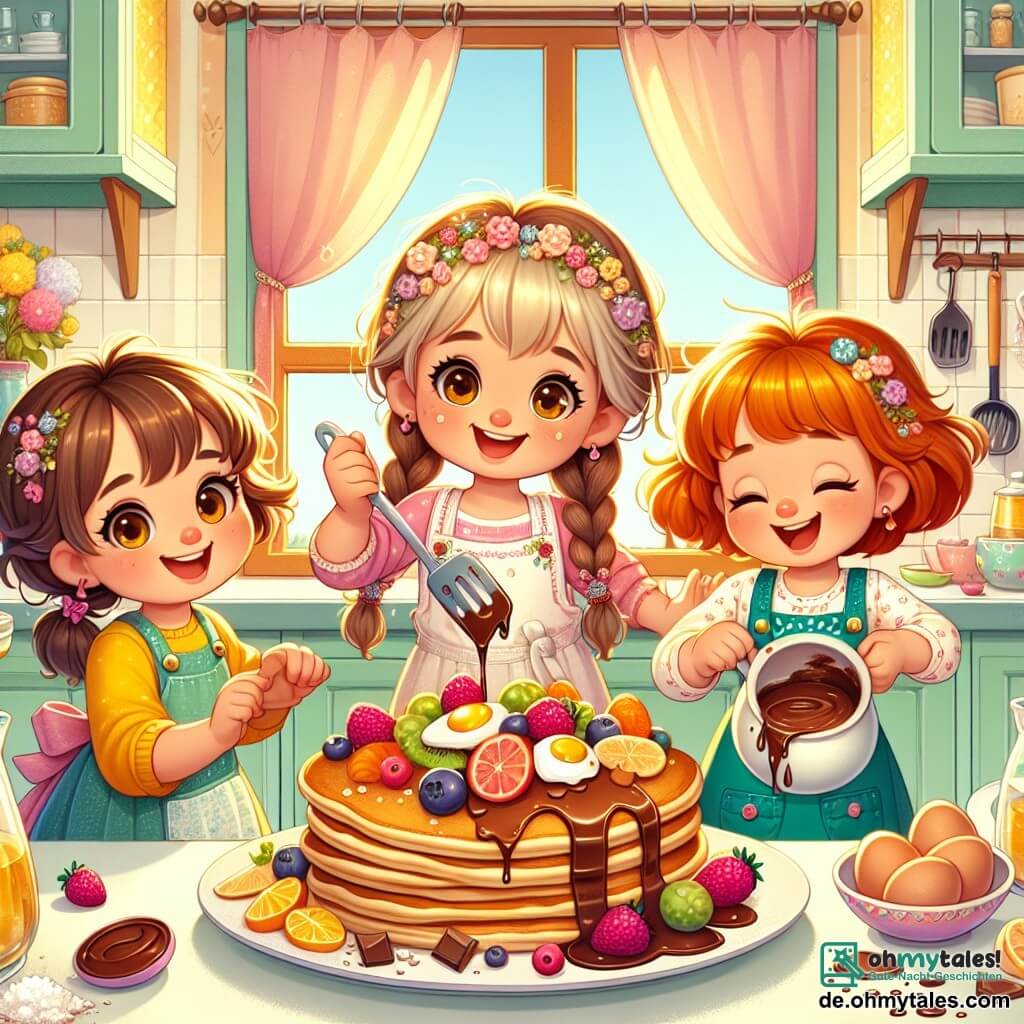 Eine Illustration zeigt eine warme und bunte Küche mit pastellgelben Wänden und Fenstern, die Sonnenlicht hereinlassen. Auf dem Tisch zieht ein großer Teller mit köstlichen goldenen Crêpes, garniert mit frischen Früchten und schmelzender Schokolade, die Blicke an. Im Mittelpunkt des Bildes stehen drei etwa 8-jährige Mädchen. Eines von ihnen, mit braunen Zöpfen, lächelt fröhlich und hält einen Spatel. Die zweite, mit lockigem blonden Haar, gießt gerade Schokolade über die Crêpes, ihre Augen funkeln vor Aufregung. Die dritte, mit roten Haaren und Pony, lacht und hält ein Ei, ein wenig Mehl auf ihrer Nase, was der Szene einen schelmischen Touch verleiht. Ein kleiner grüner Drache mit glänzenden Schuppen und zarten Flügeln steht neben den Mädchen und bläst sanft auf ein Stück Schokolade, um es zum Schmelzen zu bringen. Die Küche ist voller lebendiger Farben, mit unordentlichen Küchenutensilien, Blumen in einer Vase auf dem Tisch und Lachen, das in der Luft fast spürbar scheint. Diese Szene fängt den fröhlichen und festlichen Geist der Zubereitung eines besonderen Frühstücks zum Vatertag ein.