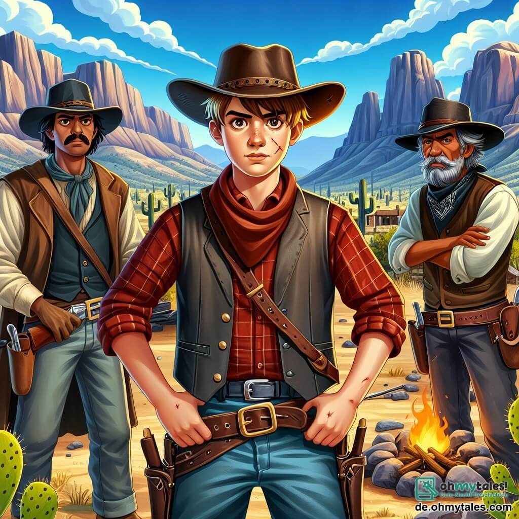 Illustration einer Szene in einem sonnigen Tal der Berge des Wilden Westens, mit steilen Felsen und verstreuten Kakteen. In der Mitte steht ein junger Mann mit einem Cowboyhut, der ein rotes kariertes Hemd und eine Lederweste trägt, mutig mit den Händen in die Hüften gestützt, bereit, seine Stadt zu verteidigen. Sein Gesicht ist entschlossen, mit mutigen, leuchtenden Augen und einer leichten Schramme auf der Wange, die von seinen Abenteuern zeugt. An seiner Seite beobachten zwei mittelalte Cowboys, einer mit einem dichten Schnurrbart und einem blauen Bandana um den Hals, der andere mit grauen Haaren und einem abgetragenen Hut, aufmerksam das Lager der Banditen in der Ferne, ihre Gesichter von Besorgnis, aber auch von Entschlossenheit geprägt. Die Hauptsituation zeigt die Gruppe von Cowboys, die sich darauf vorbereitet, eine Bande von Banditen zu überraschen, die sich um ein Feuer versammelt haben, mit verstreuten Beutelsäcken um sie herum. Im Hintergrund ist der Himmel strahlend blau, mit weißen Wolken gesprenkelt, und die Sonne scheint intensiv und taucht die Szene in goldenes Licht.