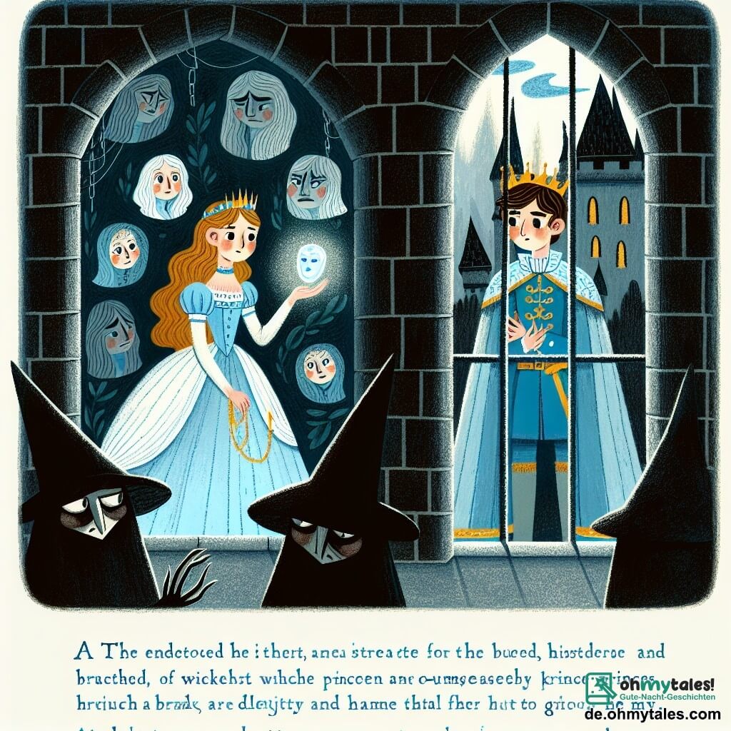 Une illustration destinée aux enfants représentant un prince mystérieux, courageux et bon, se retrouvant piégé par des sorcières maléfiques, tandis qu'une princesse délicate et compatissante lui parle à travers les murs sombres d'un cachot lugubre, dans un royaume enchanté rempli de magie et de mystères.