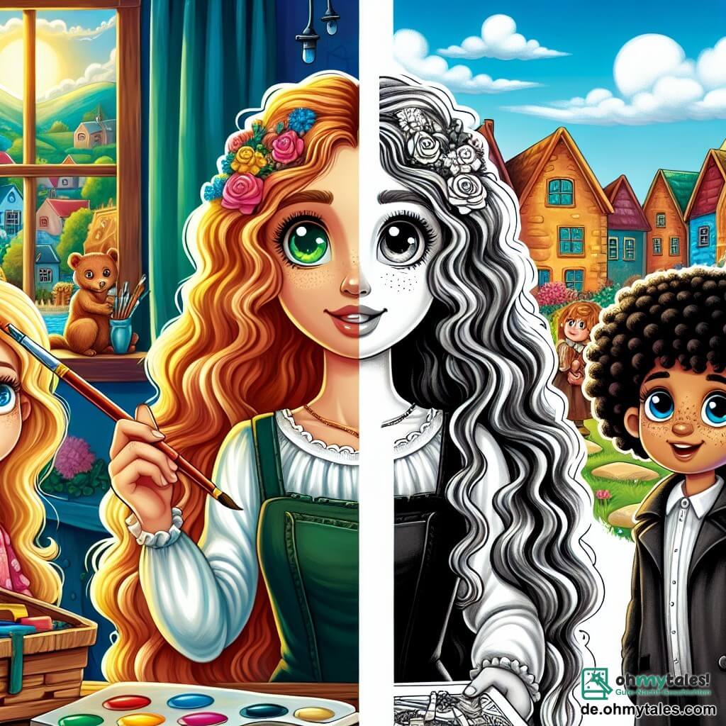 Une illustration destinée aux enfants représentant une artiste talentueuse aux longs cheveux bouclés et aux yeux verts brillants, créant une œuvre mystérieuse dans son atelier coloré, avec une fillette aux blondes tresses et aux yeux bleus, et un garçon aux boucles noires et aux taches de rousseur, dans la petite ville de Sonnental.