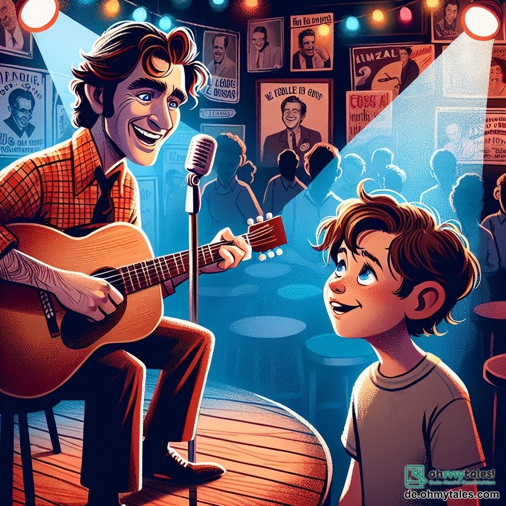 Illustration einer lebhaften Szene in einem kleinen Jazzclub, dessen Wände mit bunten Postern berühmter Musiker und alten Schwarz-Weiß-Fotos geschmückt sind. Das gedämpfte Licht schafft eine warme Atmosphäre, während eine kleine Holzbühne von einem sanften Scheinwerfer beleuchtet wird. Im Mittelpunkt des Bildes spielt ein strahlend lächelnder Mann mit leicht gewellten braunen Haaren und einem karierten Hemd leidenschaftlich Gitarre. Seine Augen funkeln vor Begeisterung, während er singt und sein Publikum fesselt. Er strahlt positive Energie und eine tiefe Verbindung zur Musik aus. An seiner Seite steht ein etwa elfjähriger Junge mit zerzausten braunen Haaren und einem schlichten T-Shirt, der bewundernd zuschaut. Sein Gesicht zeigt sowohl Aufregung als auch Nervosität, da er sich darauf vorbereitet, zum ersten Mal vor Publikum zu singen. Er steht nahe beim Mann, bereit, die Bühne zu betreten. Die Hauptszene zeigt den Mann, der den Jungen ermutigt, während das Publikum, bestehend aus Menschen jeden Alters, applaudiert und lächelt, was eine unterstützende und fröhliche Atmosphäre schafft. Musiknoten schweben in der Luft und verleihen der Illustration einen Hauch von Magie. Rundherum stehen Holztische mit Stühlen, und einige Gläser mit Getränken sind auf den Tischen sichtbar, was die gesellige Stimmung des Clubs verstärkt.